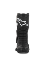 Alpinestars Stella SMX-6 V3 Boots, Women's Motorcycle Boots, Black and White, front-facing view showcasing the white Alpinestars logo on the shin, TPU protection, and ergonomic flex panels, engineered for track and street performance.