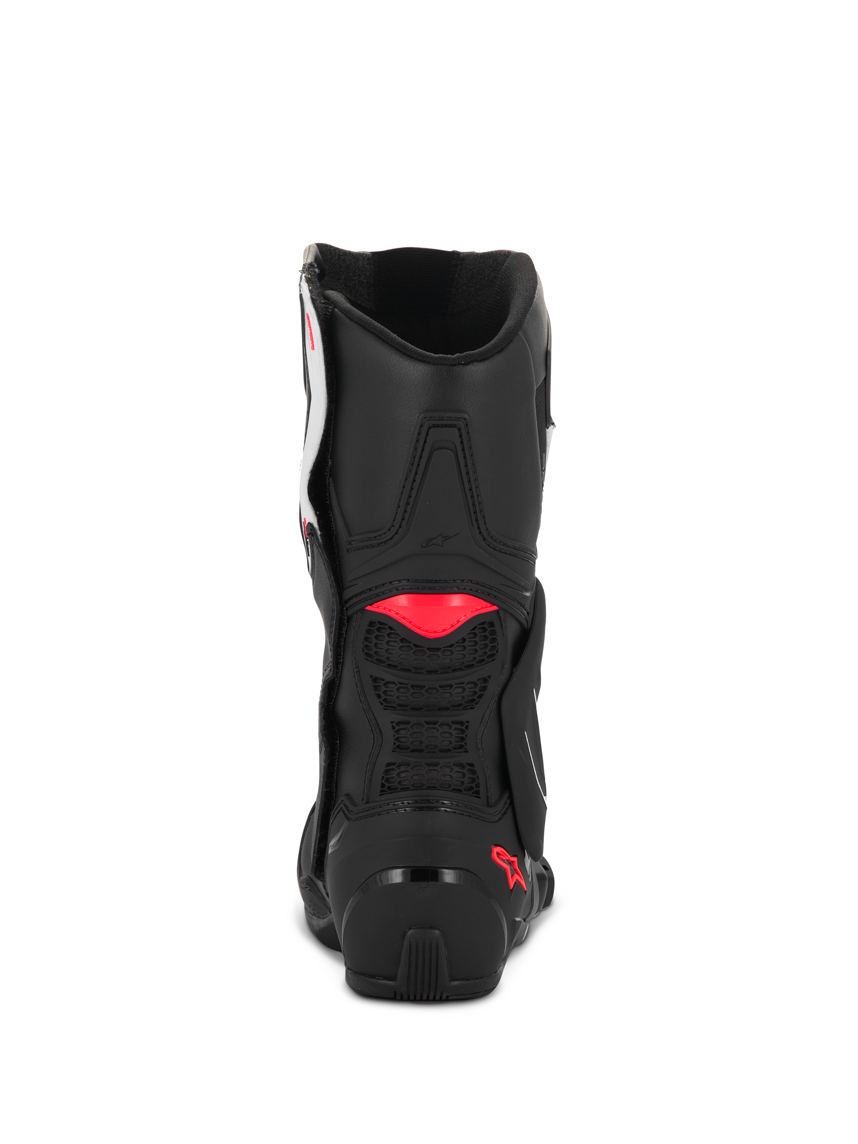 Alpinestars Stella SMX-6 V3 Boots, Black White Diva Pink, rear view showing black microfiber construction, pink TPU accents on the calf and heel, and integrated mesh ventilation for sport riding performance