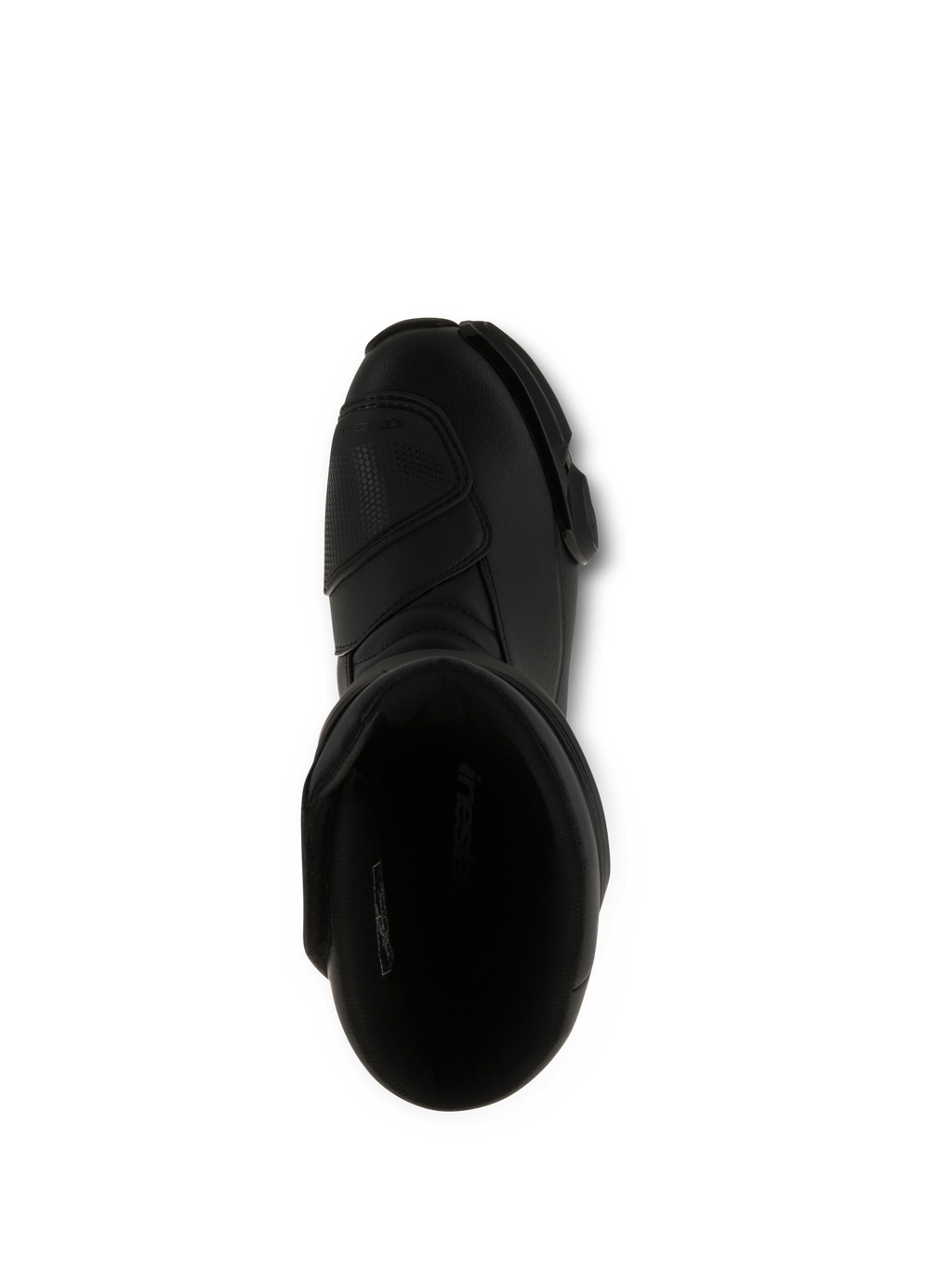 Alpinestars SMX S Boots, Black Motorcycle Boots, top-down view looking into the interior opening, all-black microfiber construction with reinforced shift pad and ergonomic protective design