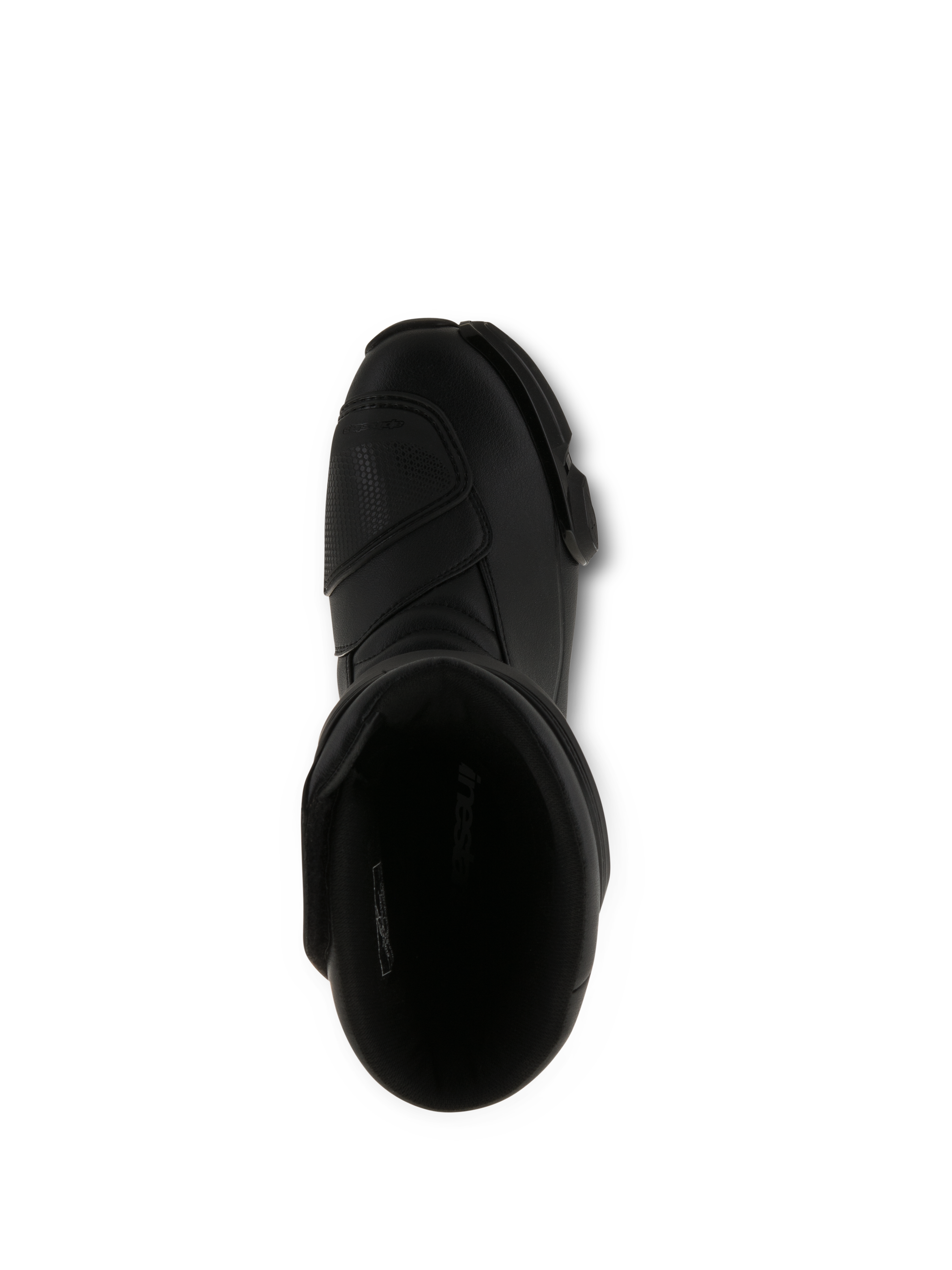 Alpinestars SMX S Boots, Black Motorcycle Boots, top-down view looking into the interior opening, all-black microfiber construction with reinforced shift pad and ergonomic protective design