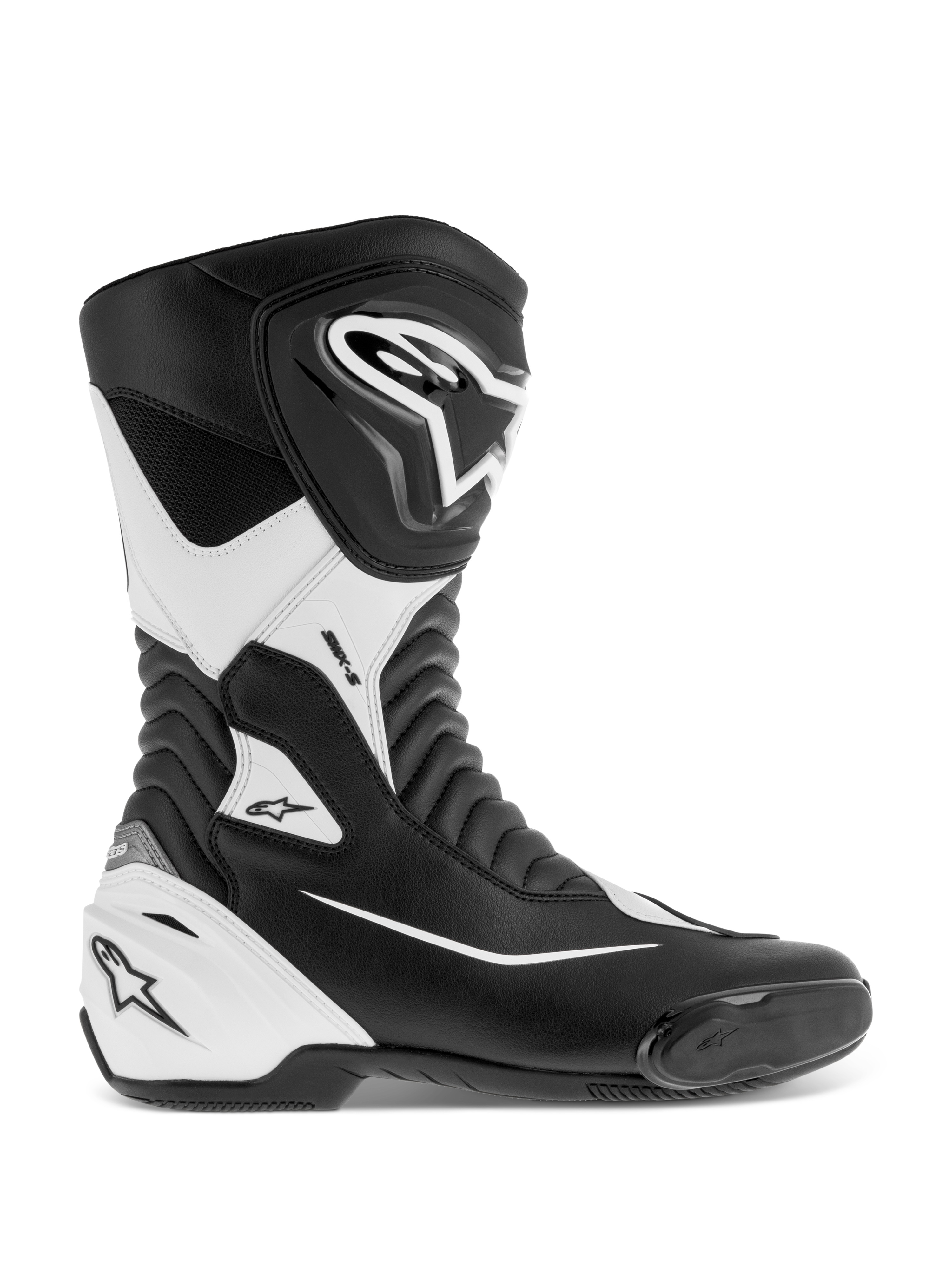 Alpinestars SMX S Boots, Motorcycle Racing Boots, Black and White, featuring a durable microfiber upper with protective PU shin and heel shields, accordion flex zones, and integrated toe slider, CE certified for performance road and sport riding.