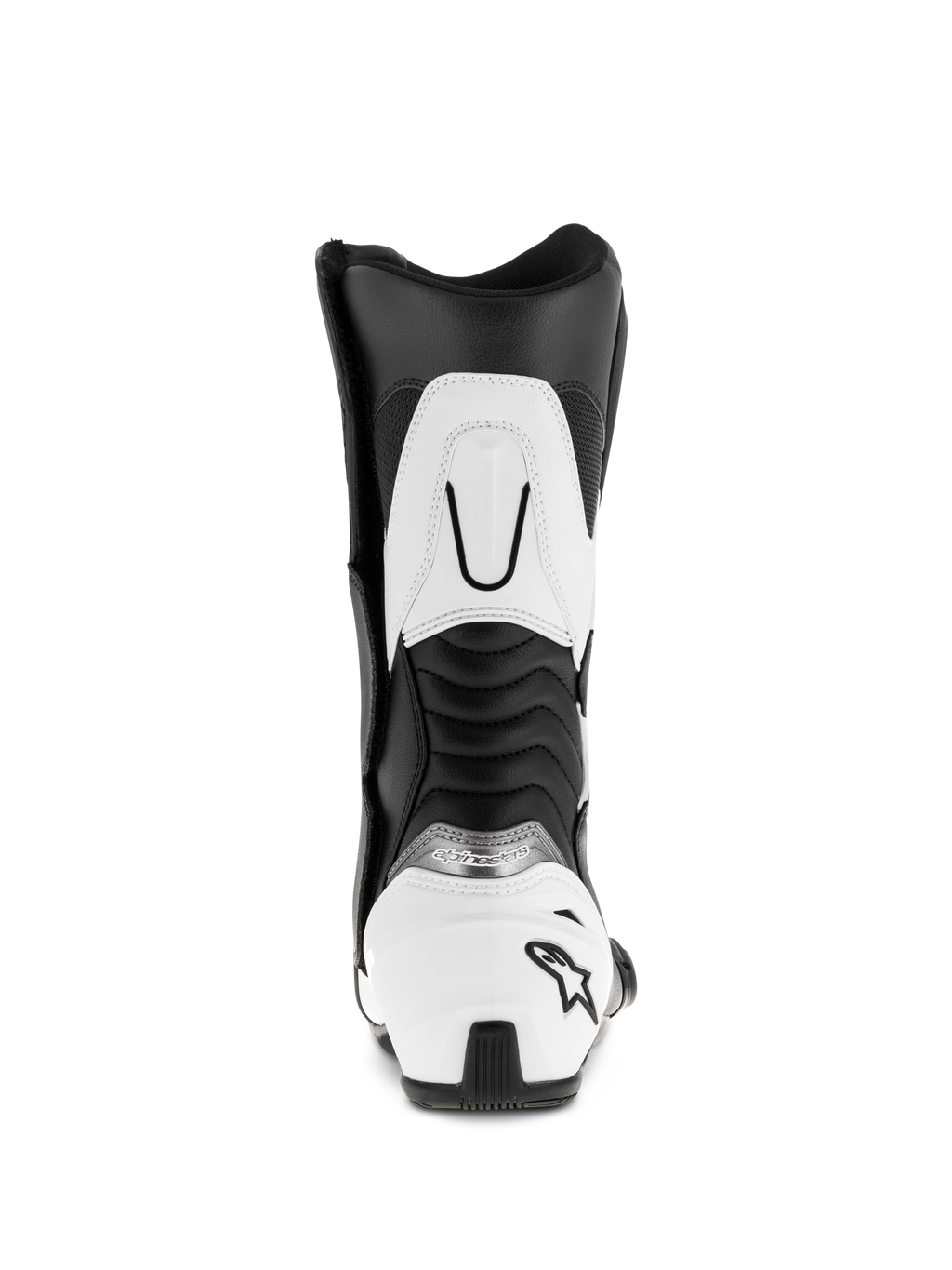 Alpinestars SMX S Boots, Black and White, rear view showing white heel counter with black star logo, ribbed accordion flex panels, and white upper calf reinforcement, durable microfiber sport motorcycle boots