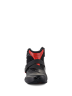 Alpinestars SMX-1 R V2 Vented Boots, low-cut motorcycle riding boots, Black and Red, front perspective showing the secure strap closure and ventilated microfiber upper, performance road gear.