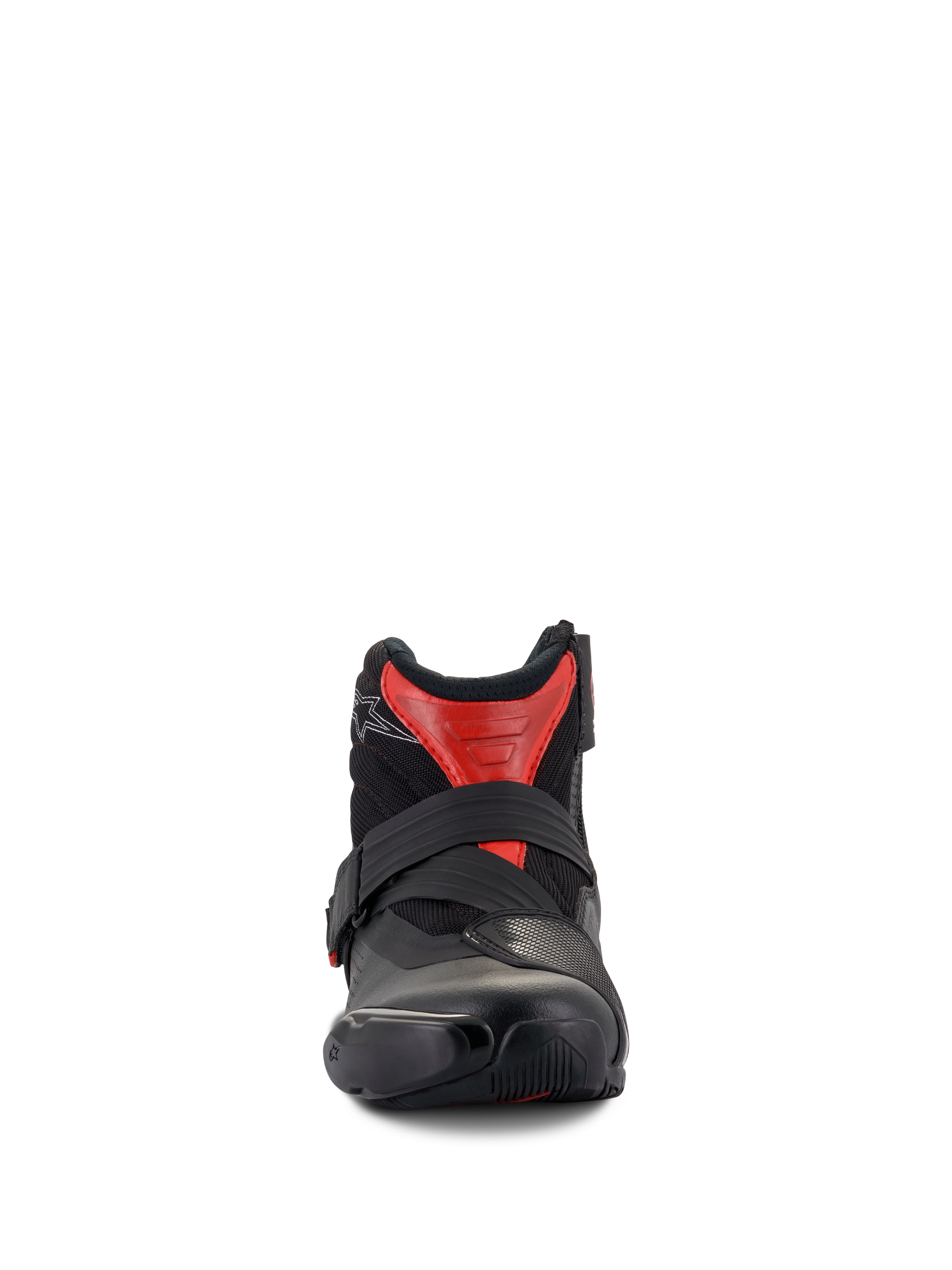 Alpinestars SMX-1 R V2 Vented Boots, low-cut motorcycle riding boots, Black and Red, front perspective showing the secure strap closure and ventilated microfiber upper, performance road gear.