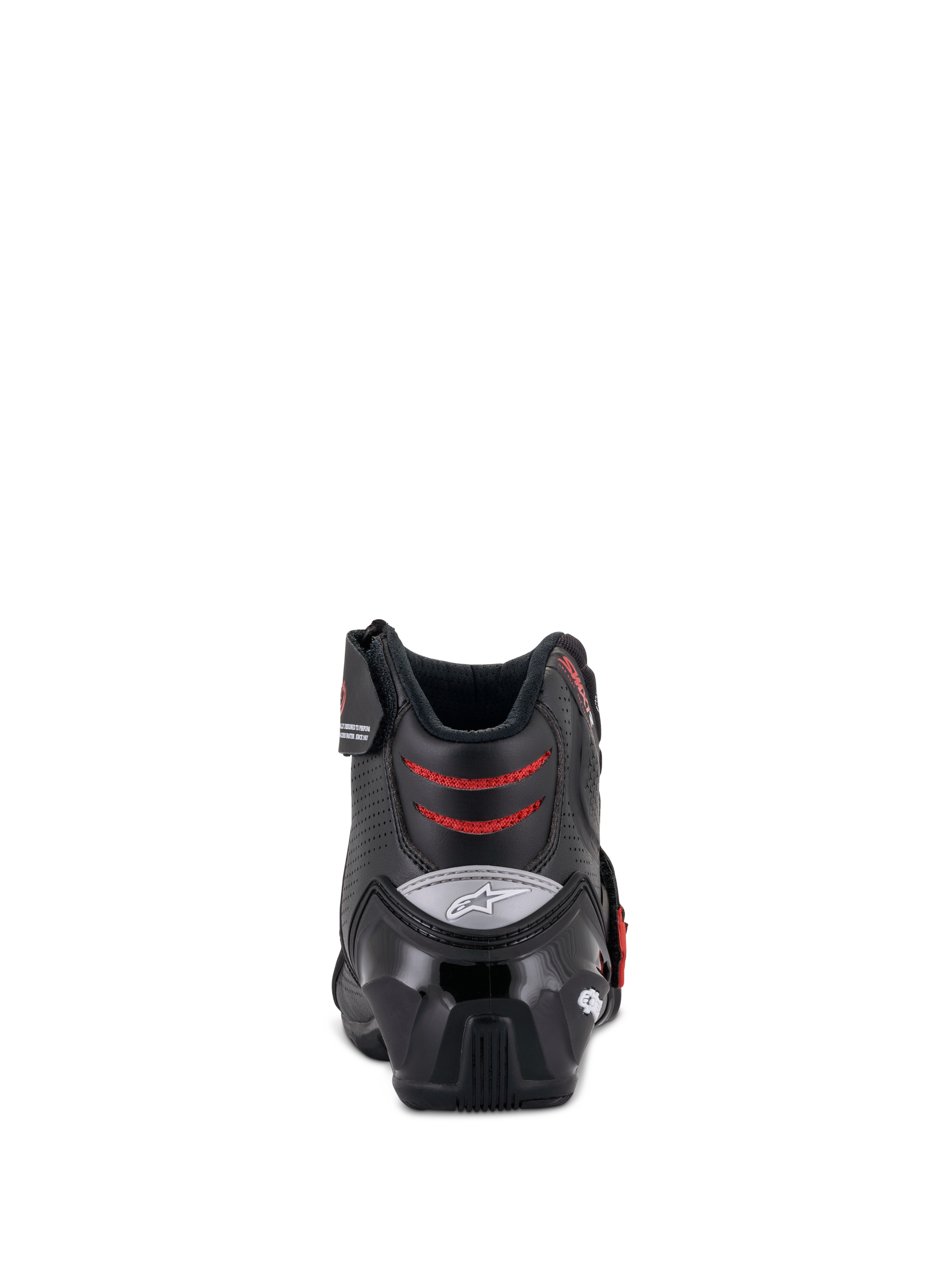 Alpinestars SMX-1 R V2 Vented Boots, low-cut motorcycle riding boots, Black and Red, rear view showing the TPU heel counter and red mesh flex zones, performance footwear for road and sport riding