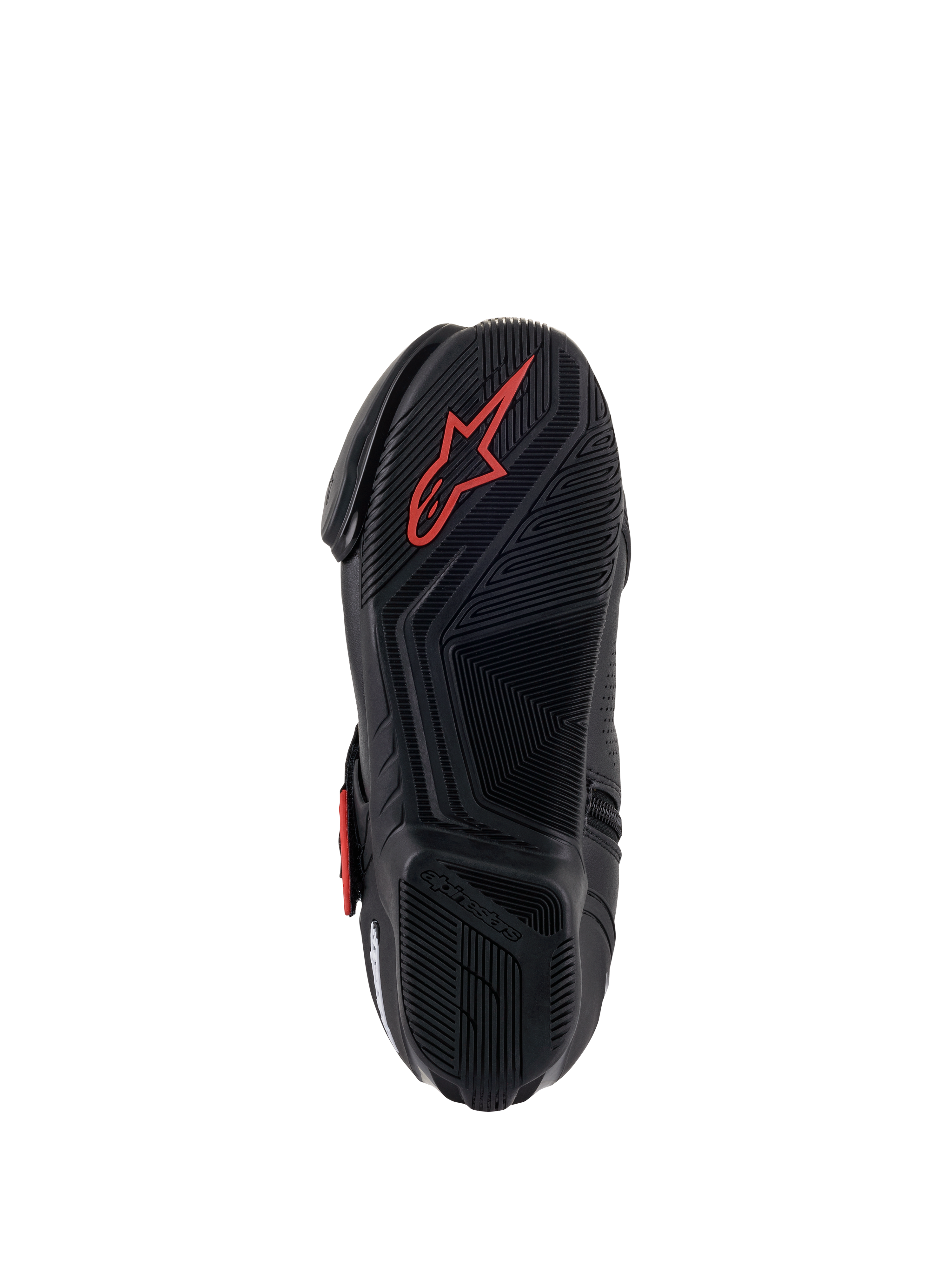 Alpinestars SMX-1 R V2 Vented Boots, Motorcycle Riding Shoe, Black and Red, Bottom view of the rubber compound sole featuring textured grip patterns and a red Astars logo