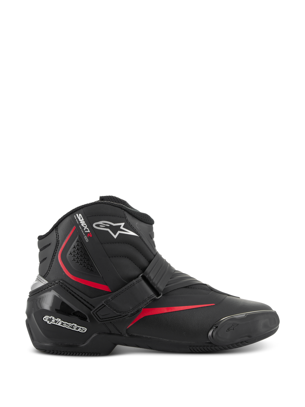 Botas Alpinestars SMX-1 R V2, botas de motociclismo de performance de cano baixo, pretas com detalhes vermelhos e brancos, fecho de correia de Velcro, calcanhar em TPU reforçado e proteção de tornozelo, zonas de flexão em acordeão e sola de borracha texturizada para condução desportiva em estrada.