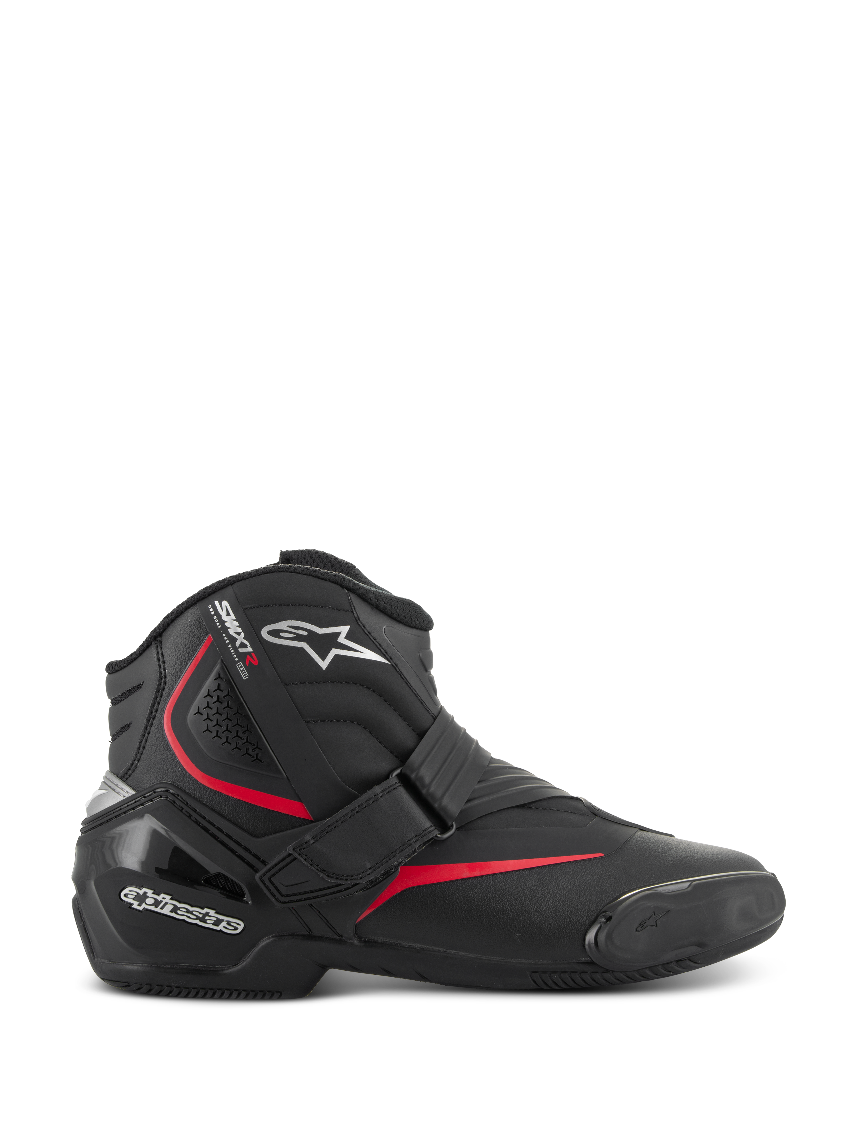Botas Alpinestars SMX-1 R V2, botas de motociclismo de performance de cano baixo, pretas com detalhes vermelhos e brancos, fecho de correia de Velcro, calcanhar em TPU reforçado e proteção de tornozelo, zonas de flexão em acordeão e sola de borracha texturizada para condução desportiva em estrada.