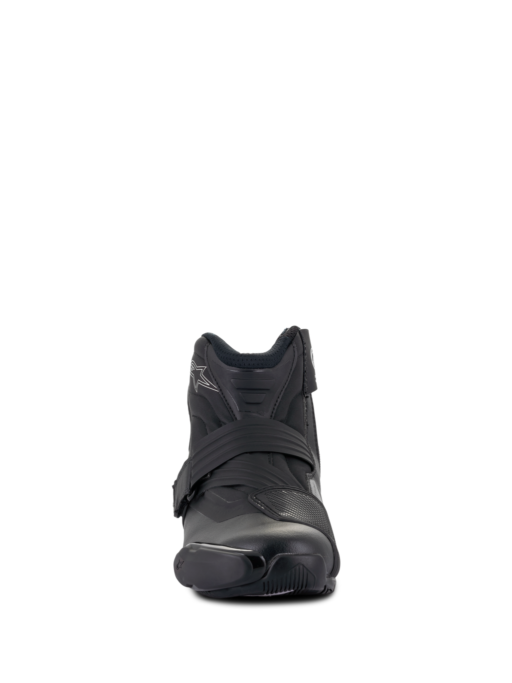 Botas Alpinestars Stella SMX-1 R V2 Femininas, bota de motociclismo de performance de corte baixo, pretas, vista frontal, com parte superior em microfibra, proteção de mudanças em TPU e alça de fecho ergonómica, design de inspiração desportiva