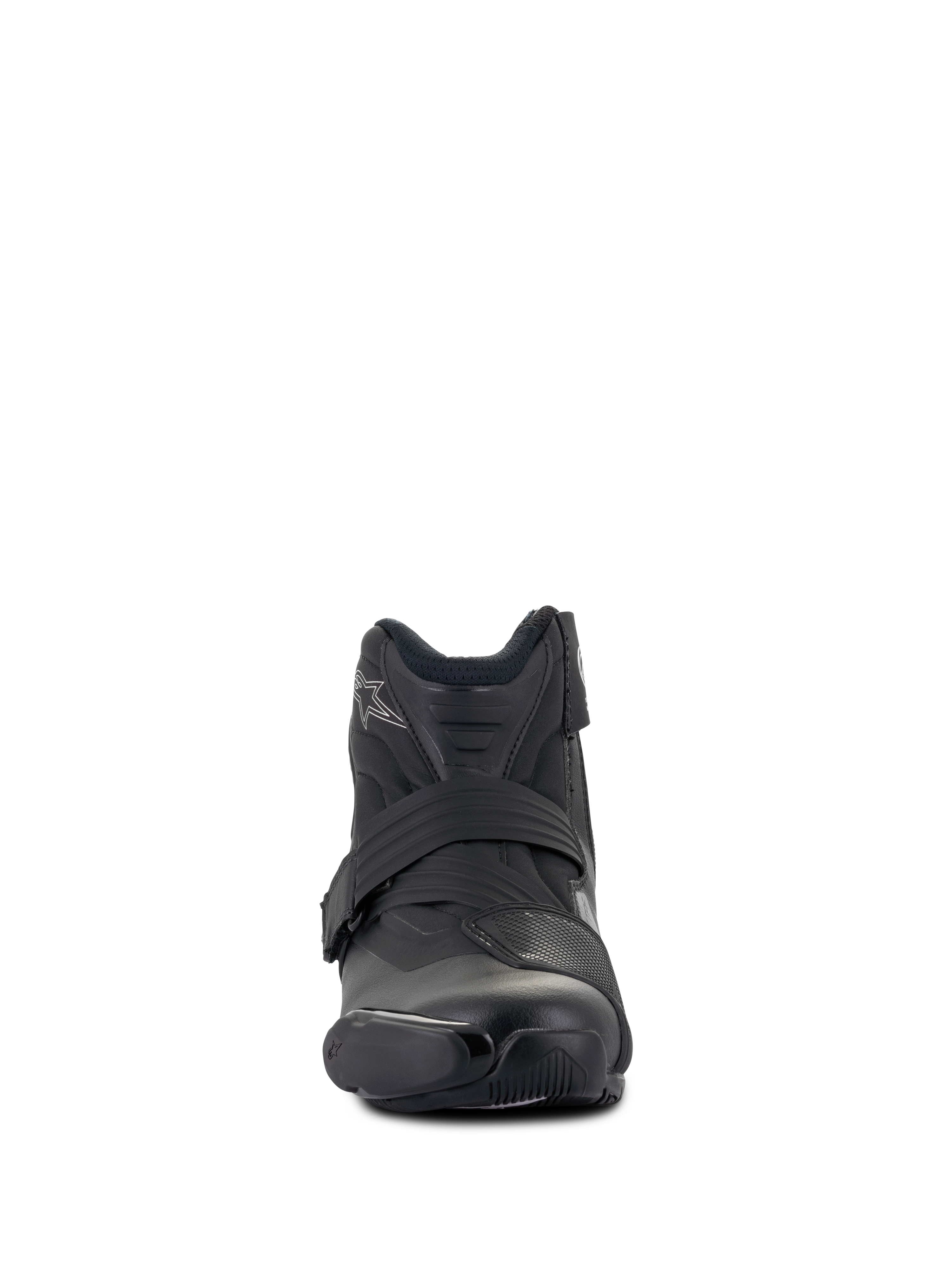 Botas Alpinestars Stella SMX-1 R V2 Femininas, bota de motociclismo de performance de corte baixo, pretas, vista frontal, com parte superior em microfibra, proteção de mudanças em TPU e alça de fecho ergonómica, design de inspiração desportiva