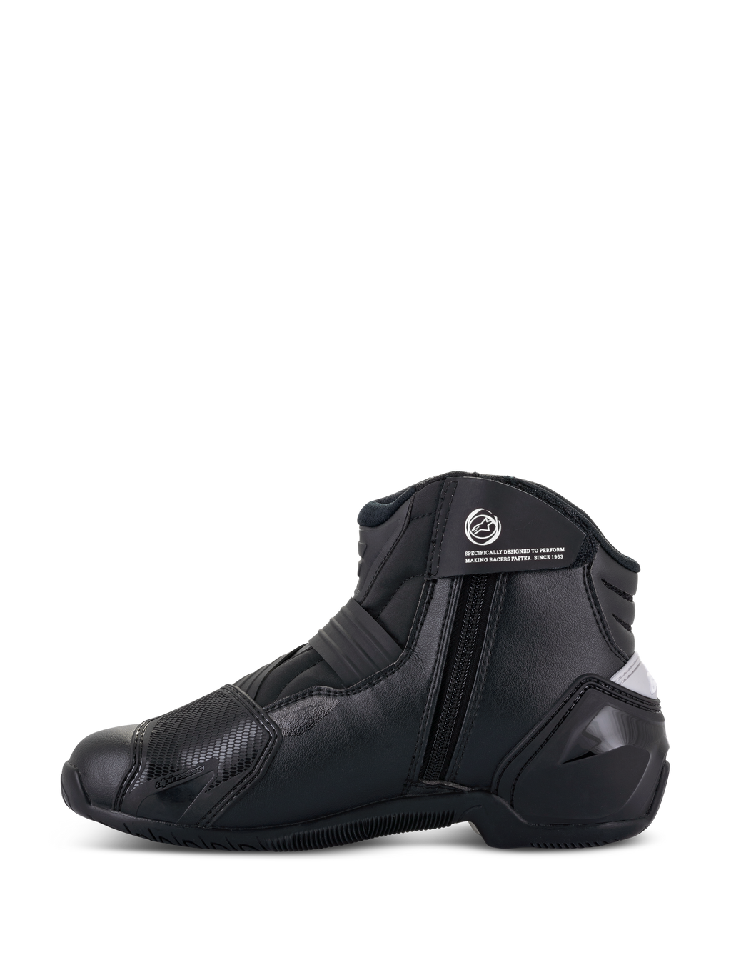Alpinestars Stella SMX-1 R V2 Boots, botas de motociclismo para mulher, pretas, bota de cano baixo de alta performance, vista de perfil lateral com fecho de correr, alça de tornozelo com logótipo e construção em microfibra com proteção de calcanhar em TPU