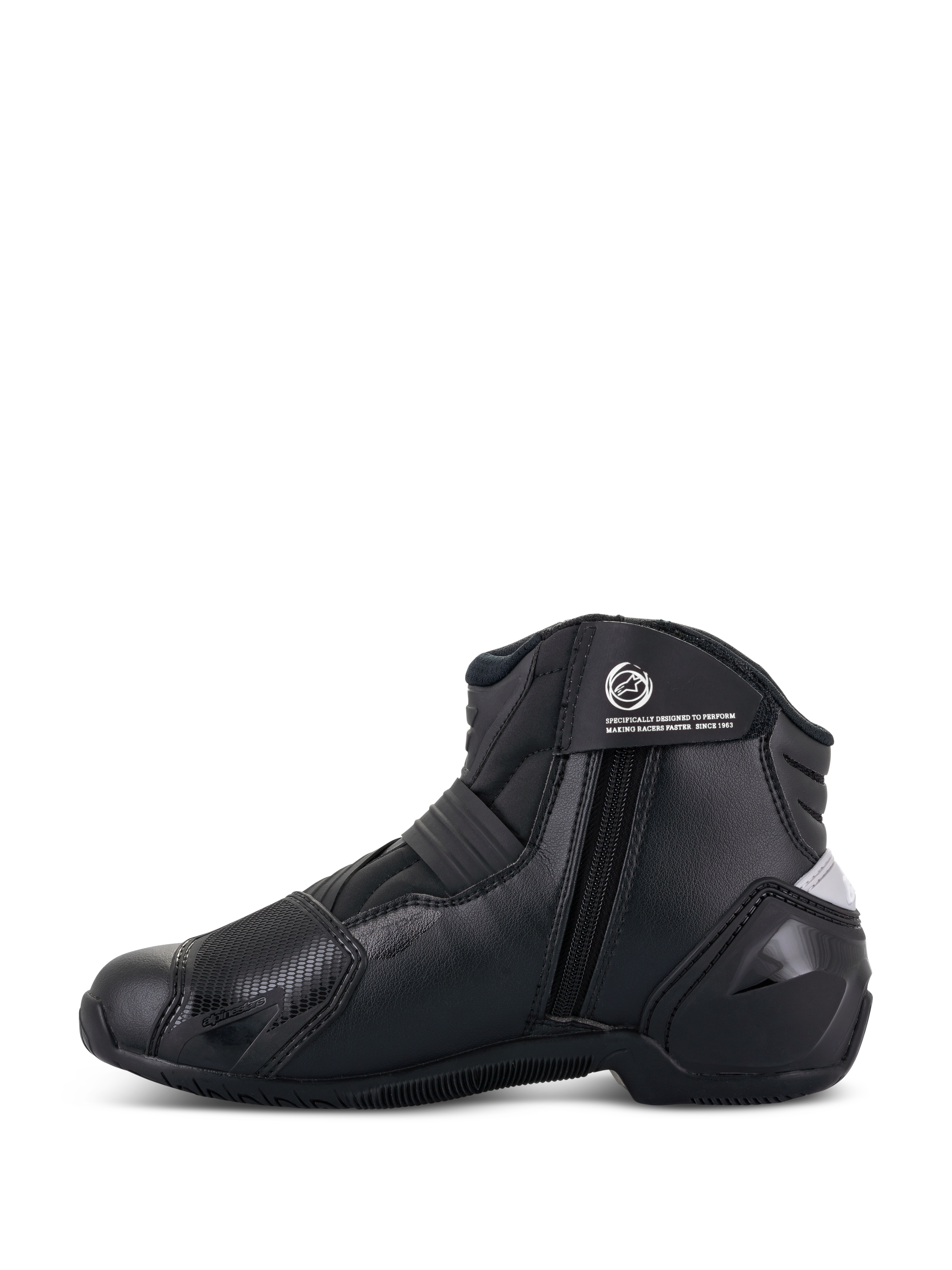 Alpinestars Stella SMX-1 R V2 Boots, botas de motociclismo para mulher, pretas, bota de cano baixo de alta performance, vista de perfil lateral com fecho de correr, alça de tornozelo com logótipo e construção em microfibra com proteção de calcanhar em TPU