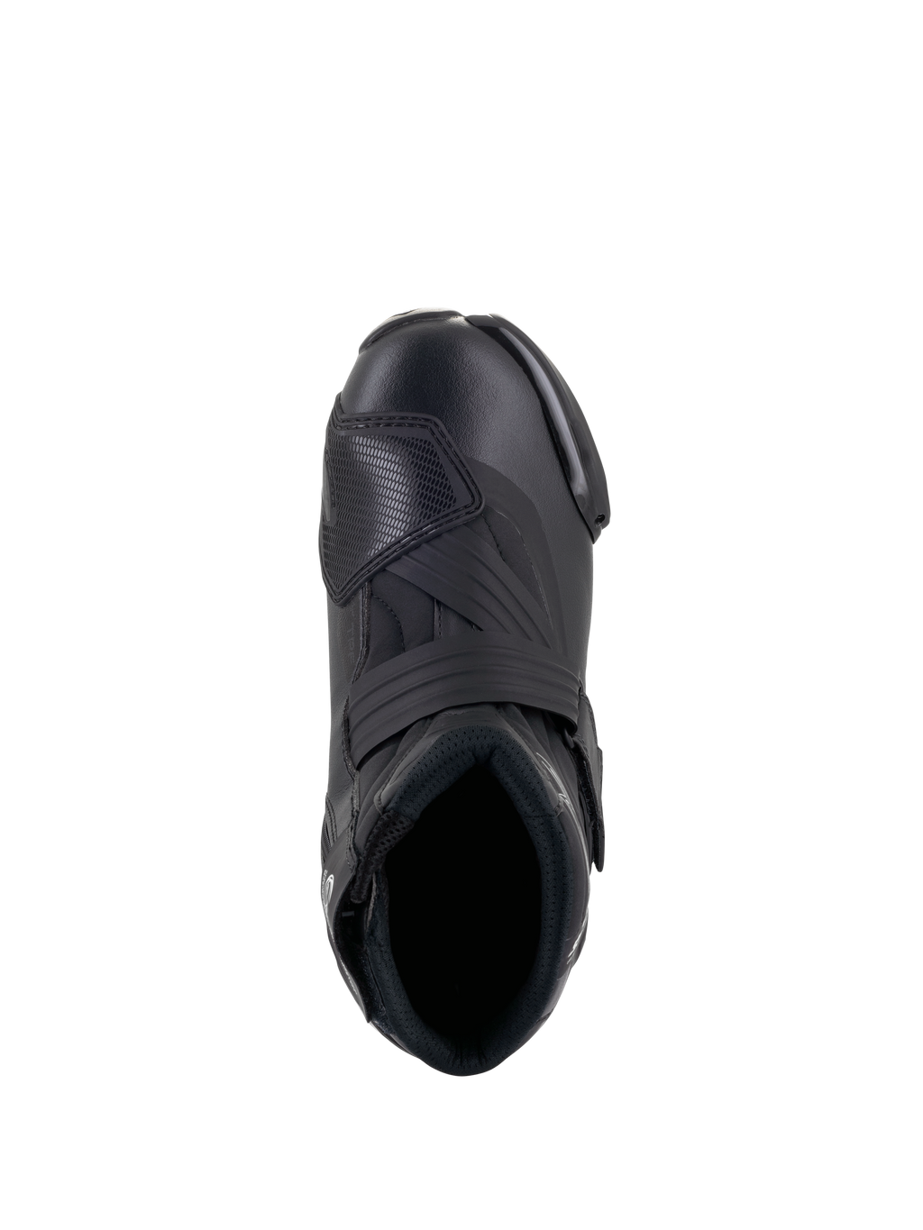 Botas Stella SMX-1 R V2 da Alpinestars para Mulher, sapato de pilotagem de alto desempenho e corte baixo em preto, vista superior mostrando a abertura para o pé, a alça no peito do pé e a proteção de mudanças em TPU texturizado, construção elegante em microfibra.