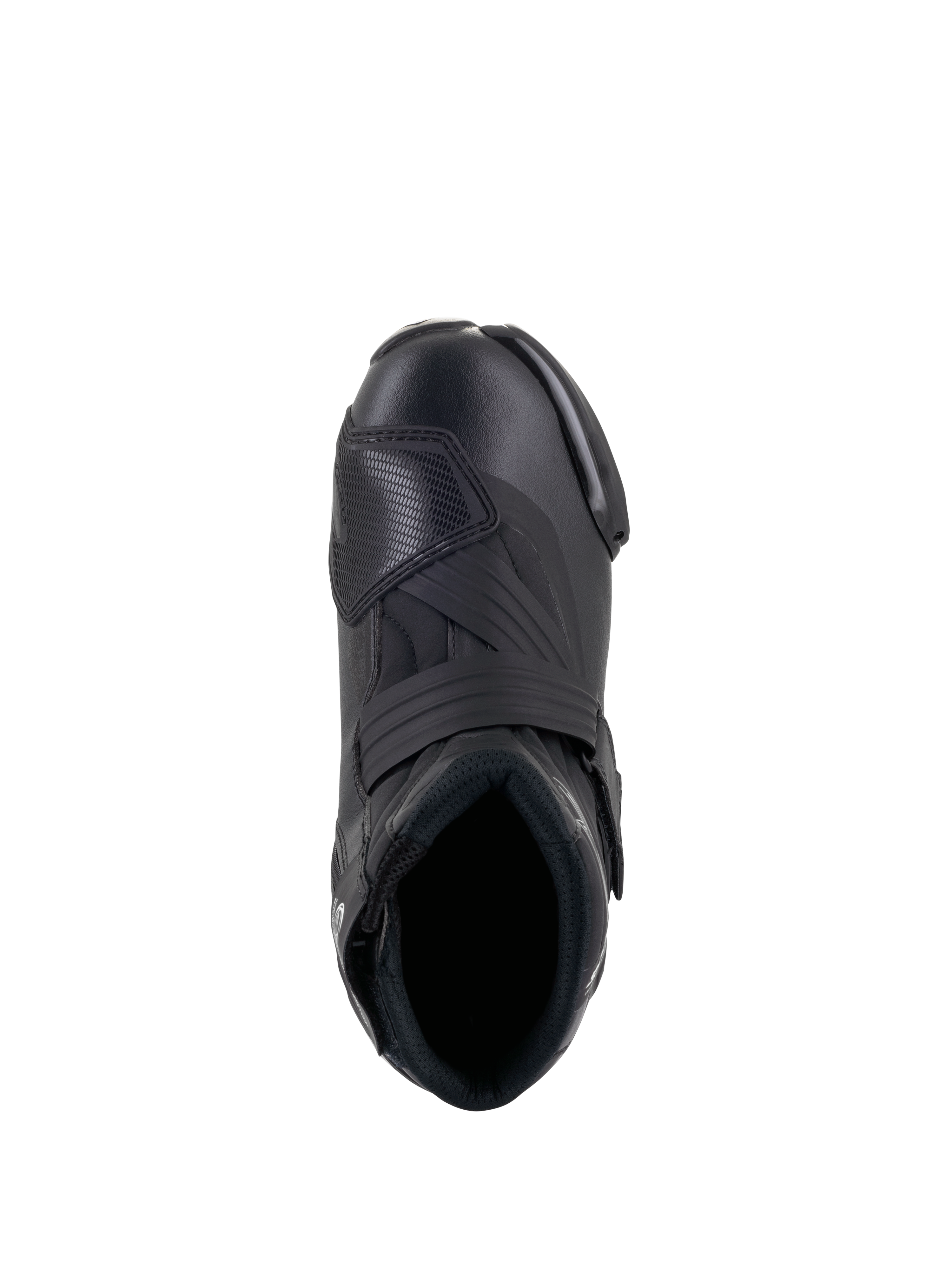 Botas Stella SMX-1 R V2 da Alpinestars para Mulher, sapato de pilotagem de alto desempenho e corte baixo em preto, vista superior mostrando a abertura para o pé, a alça no peito do pé e a proteção de mudanças em TPU texturizado, construção elegante em microfibra.
