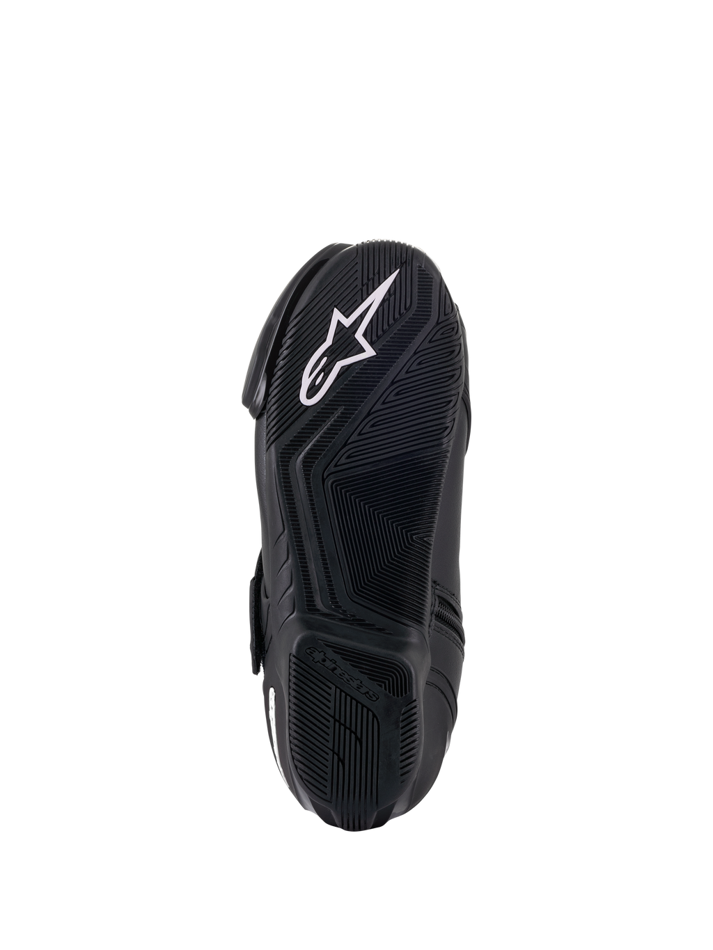 Botas Alpinestars Stella SMX-1 R V2 para Mulher, pretas, vista inferior da sola em composto de borracha com padrão de alta aderência e logótipo da estrela Alpinestars em branco, calçado de motociclismo de alta performance