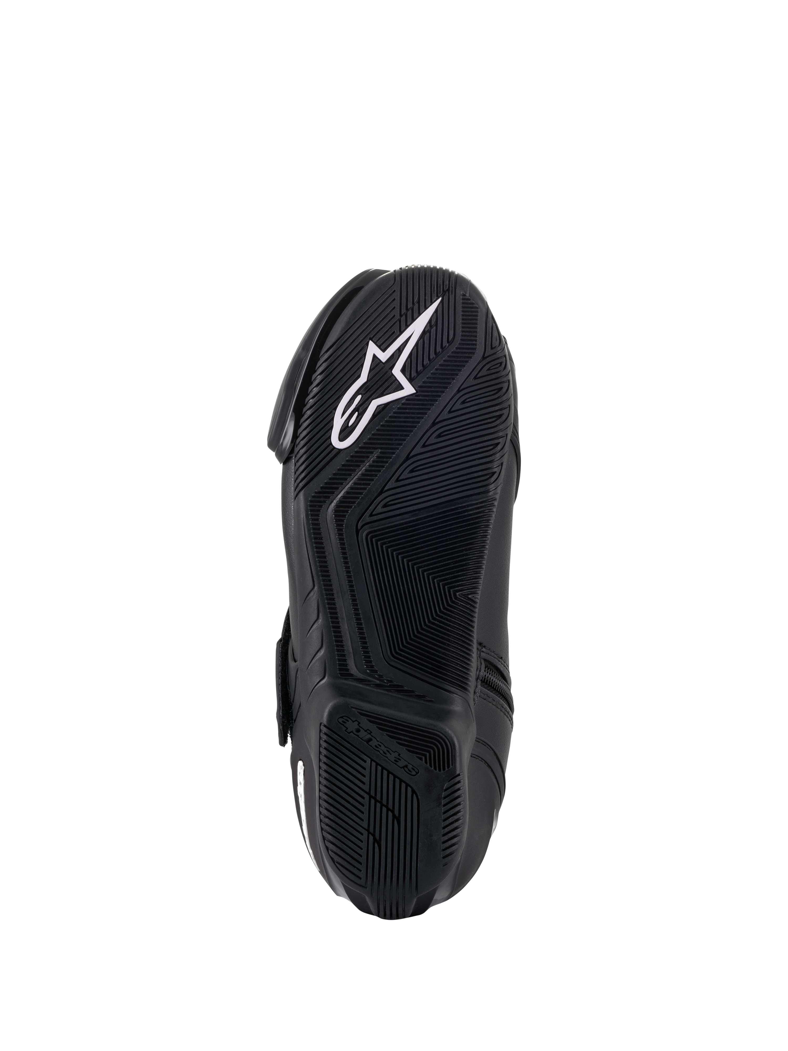 Botas Alpinestars Stella SMX-1 R V2 para Mulher, pretas, vista inferior da sola em composto de borracha com padrão de alta aderência e logótipo da estrela Alpinestars em branco, calçado de motociclismo de alta performance
