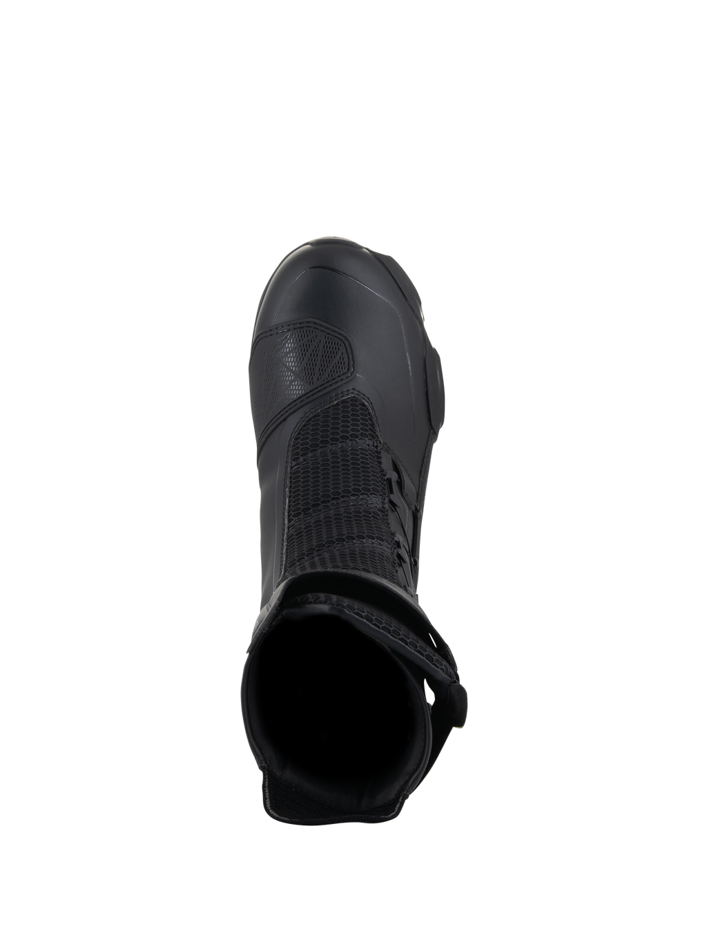 Alpinestars SP-X BOA Drystar Boots, Sport Touring Motorcycle Boots, Black, top-down view showing the interior opening, mesh paneling, and TPU shift pad, designed for waterproof performance and rider comfort