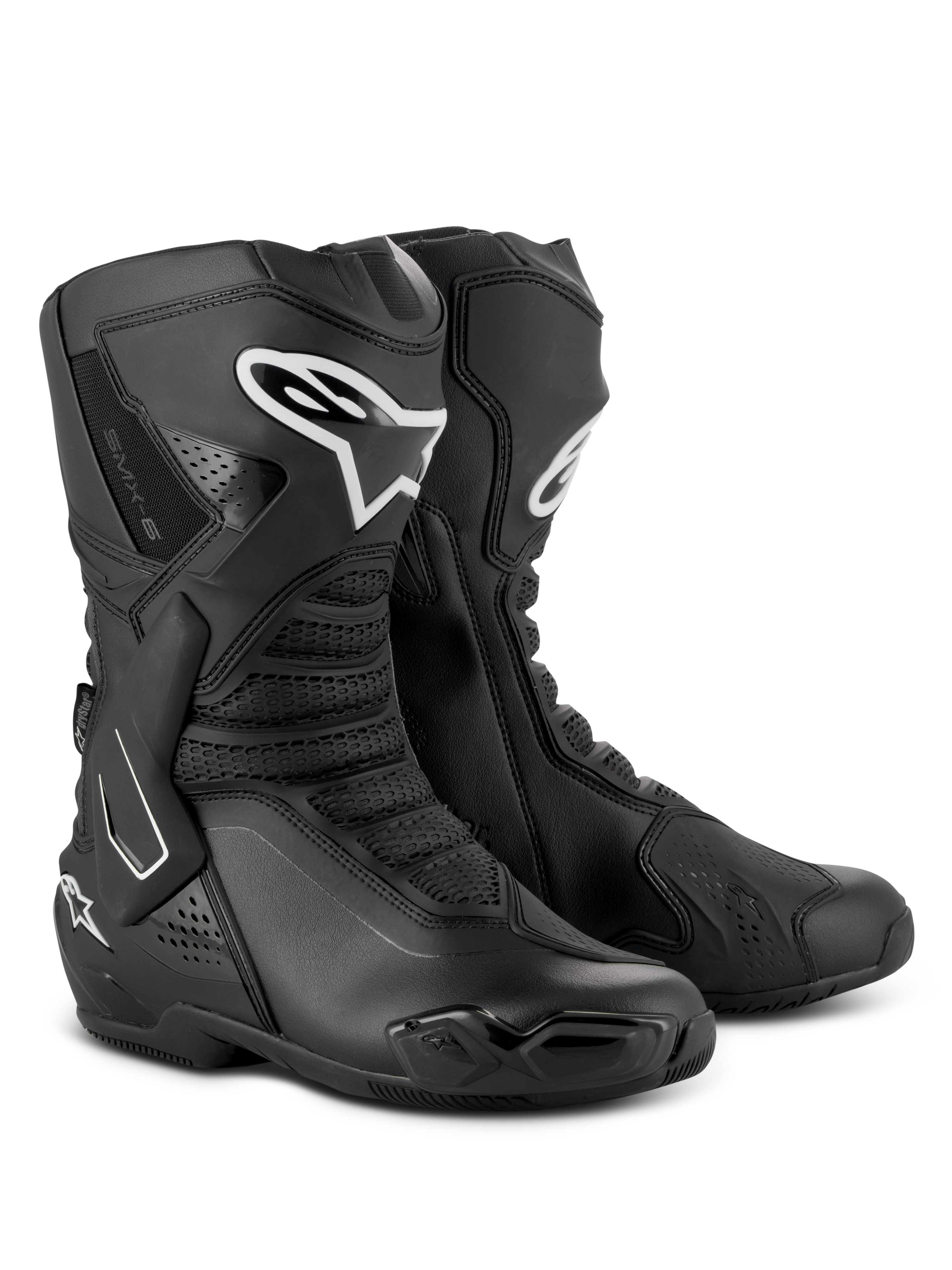 Alpinestars SMX-6 V3 Drystar® Boots, Performance Motorcycle Boots, Black, featuring TPU shin protectors with white Alpinestars logo, replaceable toe sliders, and advanced microfiber construction, sport and street riding gear