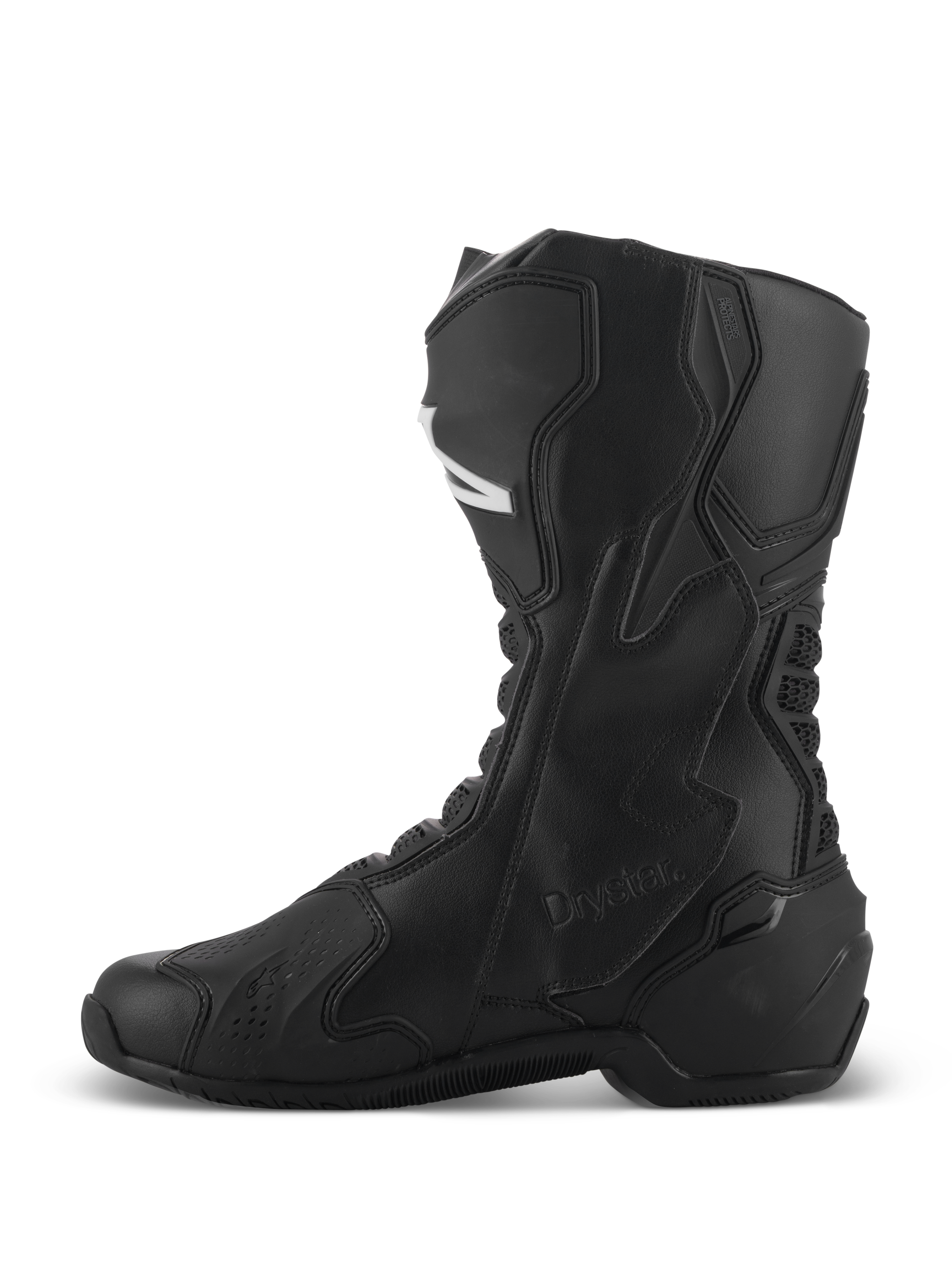 Alpinestars SMX-6 V3 Drystar® Boots, Black motorcycle performance boots, side profile showing high-cut microfiber construction, protective TPU panels, and Drystar branding