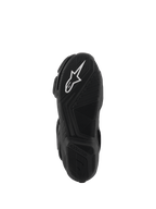 Alpinestars SMX-6 V3 Drystar® Boots, black rubber sole view, featuring a white A-star logo on the front tread and embossed Alpinestars branding on the heel, intricate textured pattern for grip and performance