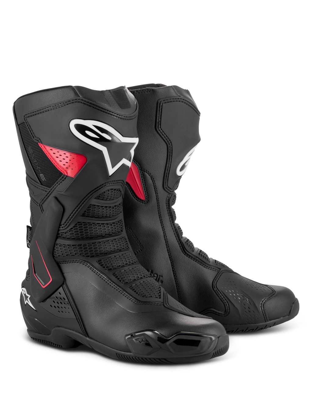 Botas Alpinestars SMX-6 V3 Drystar, botas de motociclismo impermeáveis de alto desempenho, pretas e vermelhas, com suporte lateral de tornozelo em TPU, caneleira reforçada e construção em microfibra para condução em pista e estrada