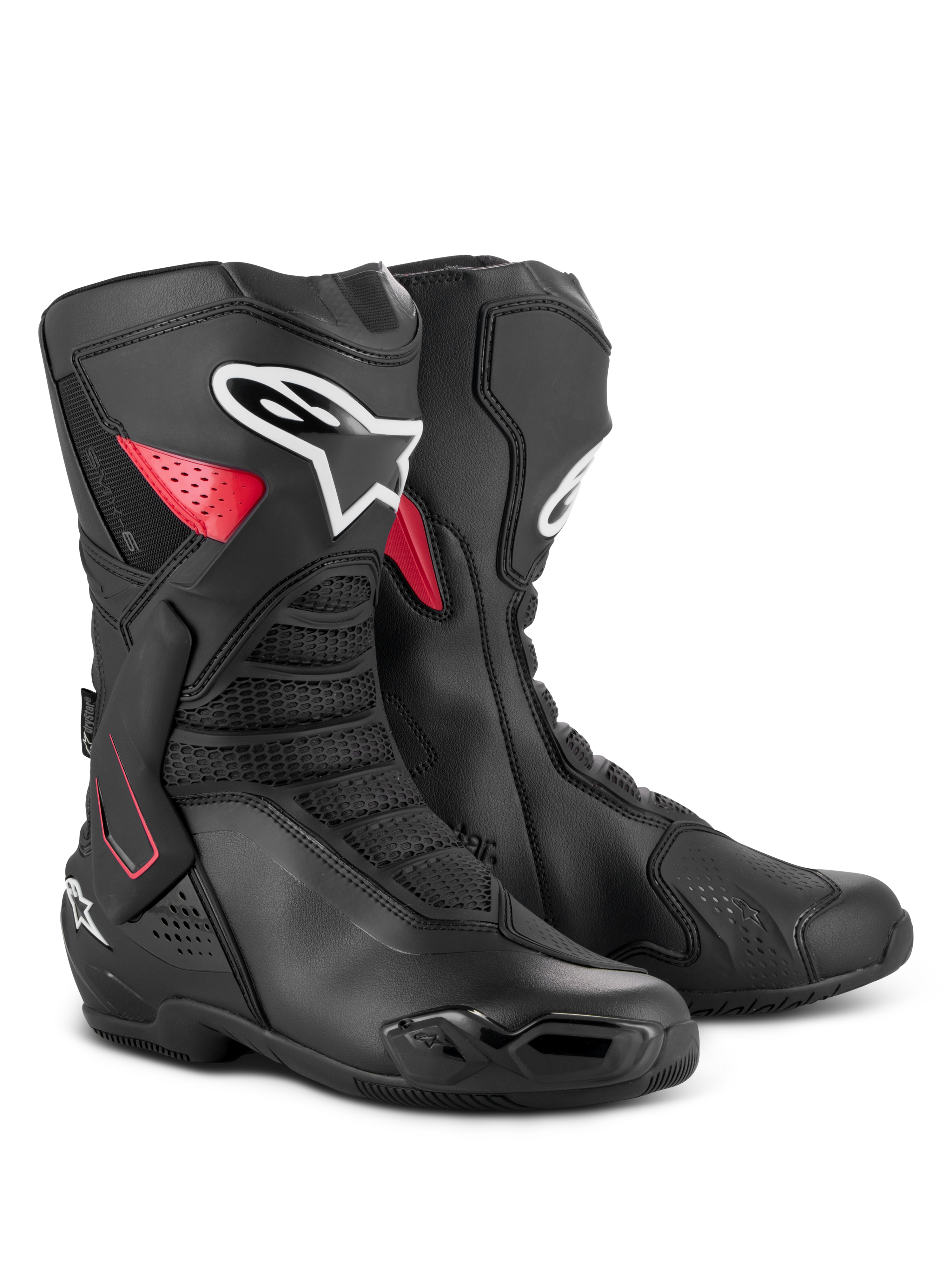 Botas Alpinestars SMX-6 V3 Drystar, botas de motociclismo impermeáveis de alto desempenho, pretas e vermelhas, com suporte lateral de tornozelo em TPU, caneleira reforçada e construção em microfibra para condução em pista e estrada