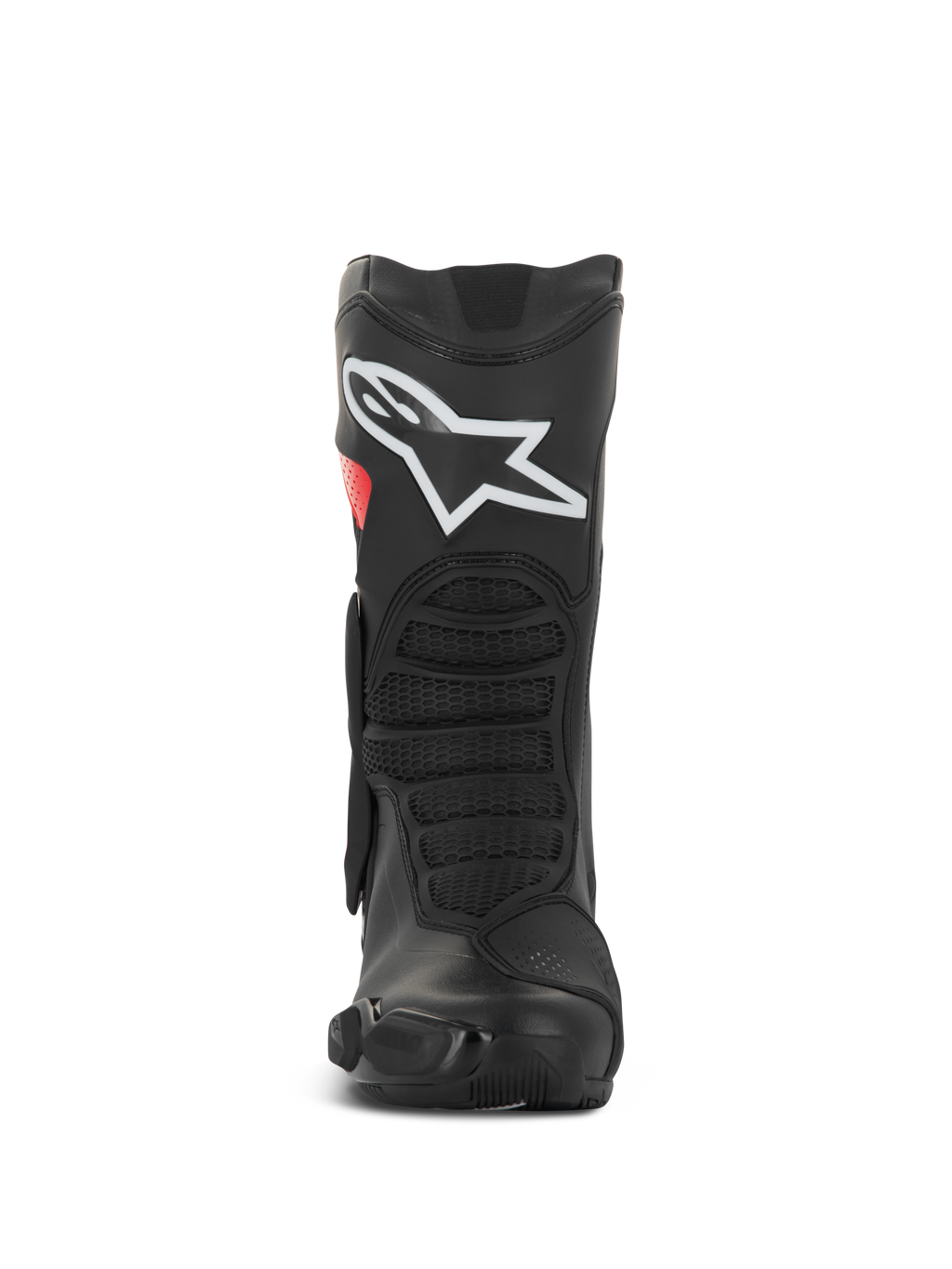 Alpinestars SMX-6 V3 Drystar® Boots, botas de motociclismo de performance, pretas e vermelhas, vista frontal com logótipo branco grande na canela, zonas de flexão frontal texturizadas e design protetor elegante