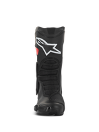 Alpinestars SMX-6 V3 Drystar® Boots, botas de motociclismo de performance, pretas e vermelhas, vista frontal com logótipo branco grande na canela, zonas de flexão frontal texturizadas e design protetor elegante