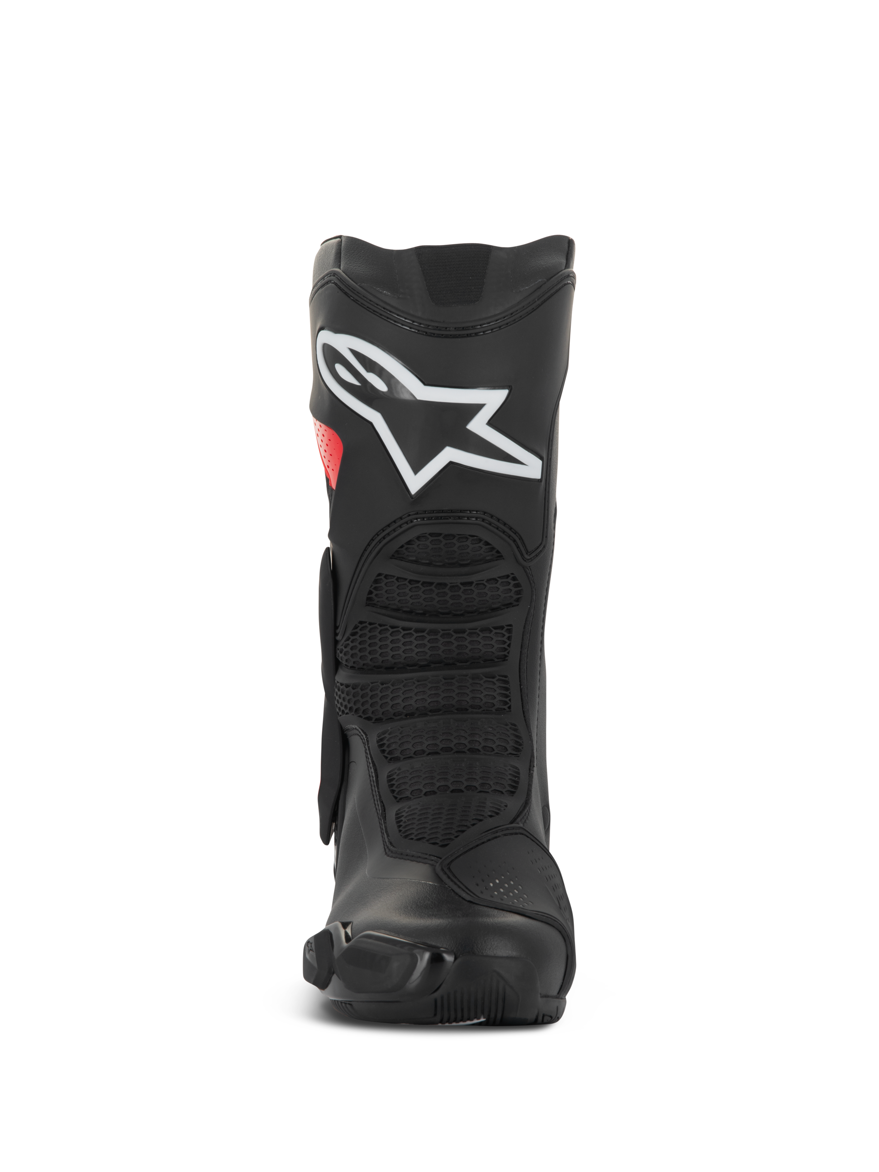 Alpinestars SMX-6 V3 Drystar® Boots, botas de motociclismo de performance, pretas e vermelhas, vista frontal com logótipo branco grande na canela, zonas de flexão frontal texturizadas e design protetor elegante