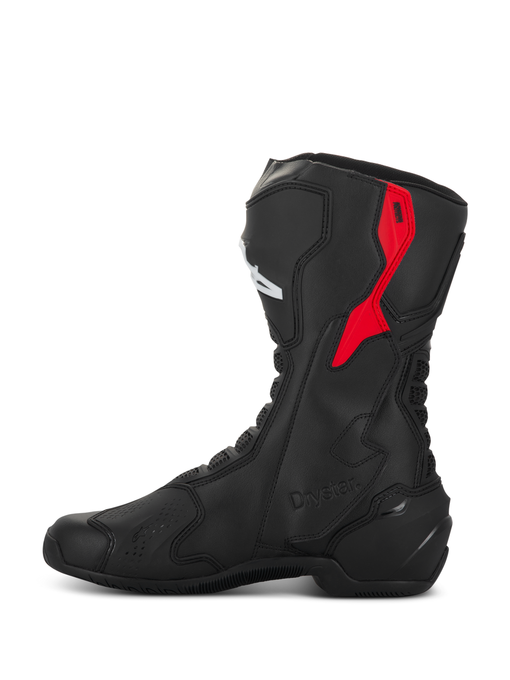 Botas Alpinestars SMX-6 V3 Drystar, botas de motociclismo de performance, pretas e vermelhas, com protetor superior da panturrilha em TPU vermelho, marca Drystar em relevo e construção elegante em microfibra, vista de perfil lateral