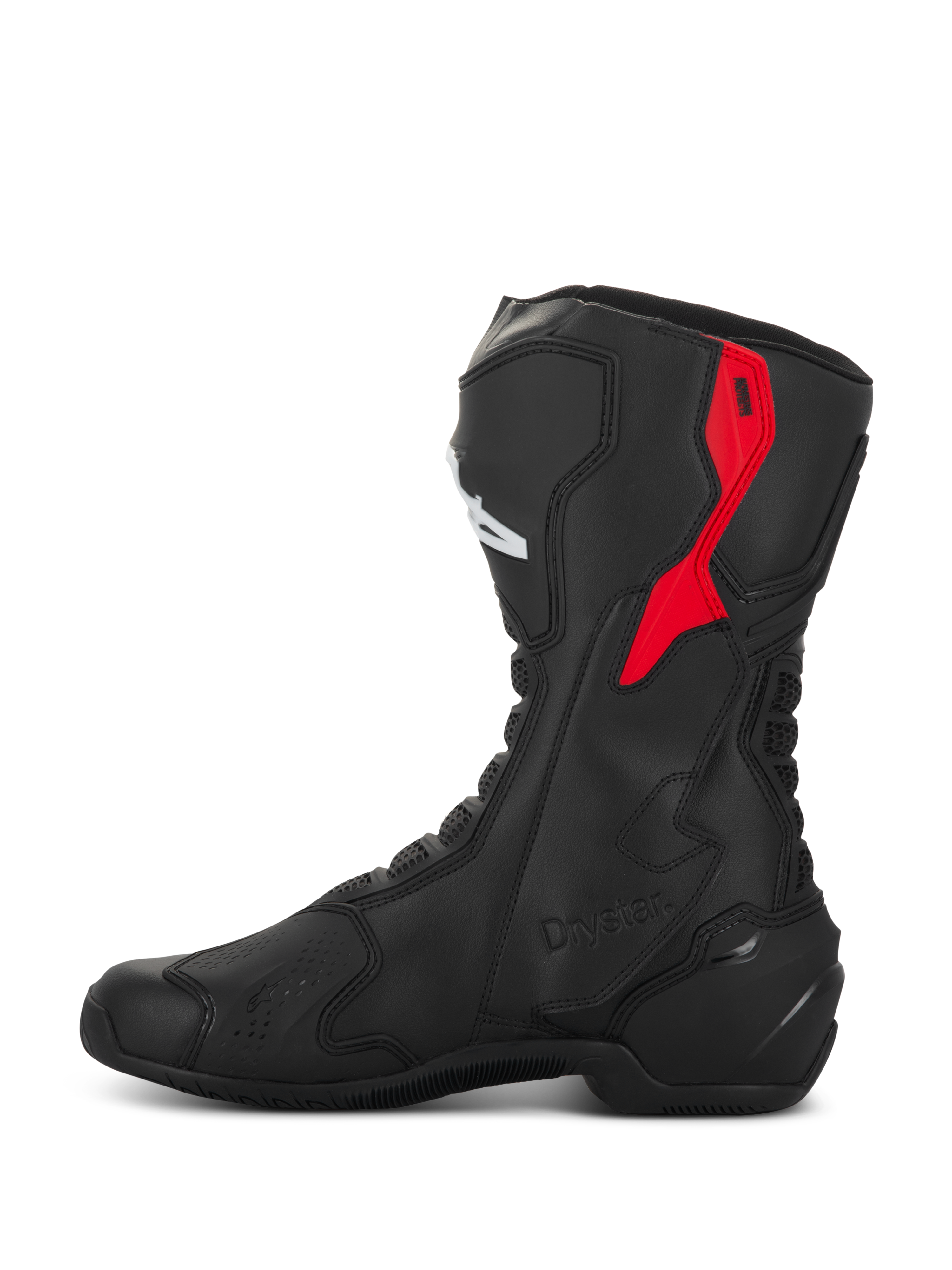 Botas Alpinestars SMX-6 V3 Drystar, botas de motociclismo de performance, pretas e vermelhas, com protetor superior da panturrilha em TPU vermelho, marca Drystar em relevo e construção elegante em microfibra, vista de perfil lateral