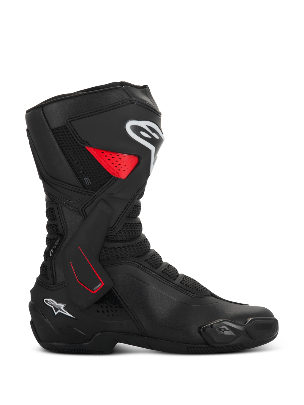 Botas Alpinestars SMX-6 V3 Drystar, botas de motociclismo desportivas, pretas com pormenores em vermelho e branco, vista de perfil lateral, construção em microfibra impermeável, suporte lateral do tornozelo em TPU com detalhes vermelhos, logótipos brancos na canela e no calcanhar, deslizador de biqueira integrado e zonas flexíveis em malha