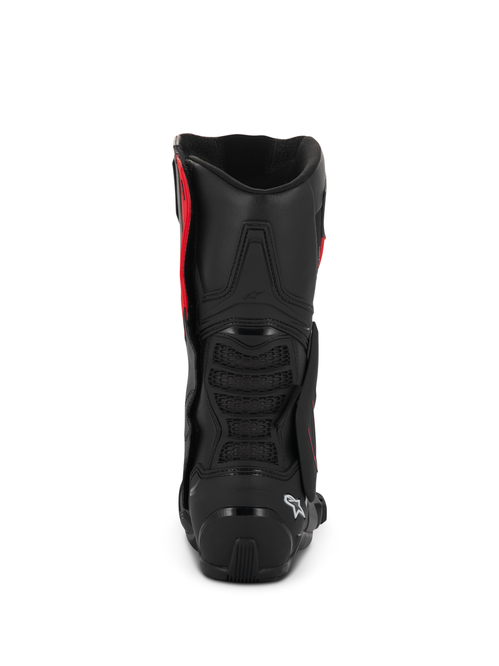Botas Alpinestars SMX-6 V3 Drystar®, pretas e vermelhas, vista traseira mostrando a proteção de calcanhar em TPU e a proteção de panturrilha, calçado de alta performance para motociclismo com construção em microfibra impermeável.