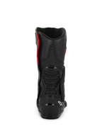 Botas Alpinestars SMX-6 V3 Drystar®, pretas e vermelhas, vista traseira mostrando a proteção de calcanhar em TPU e a proteção de panturrilha, calçado de alta performance para motociclismo com construção em microfibra impermeável.
