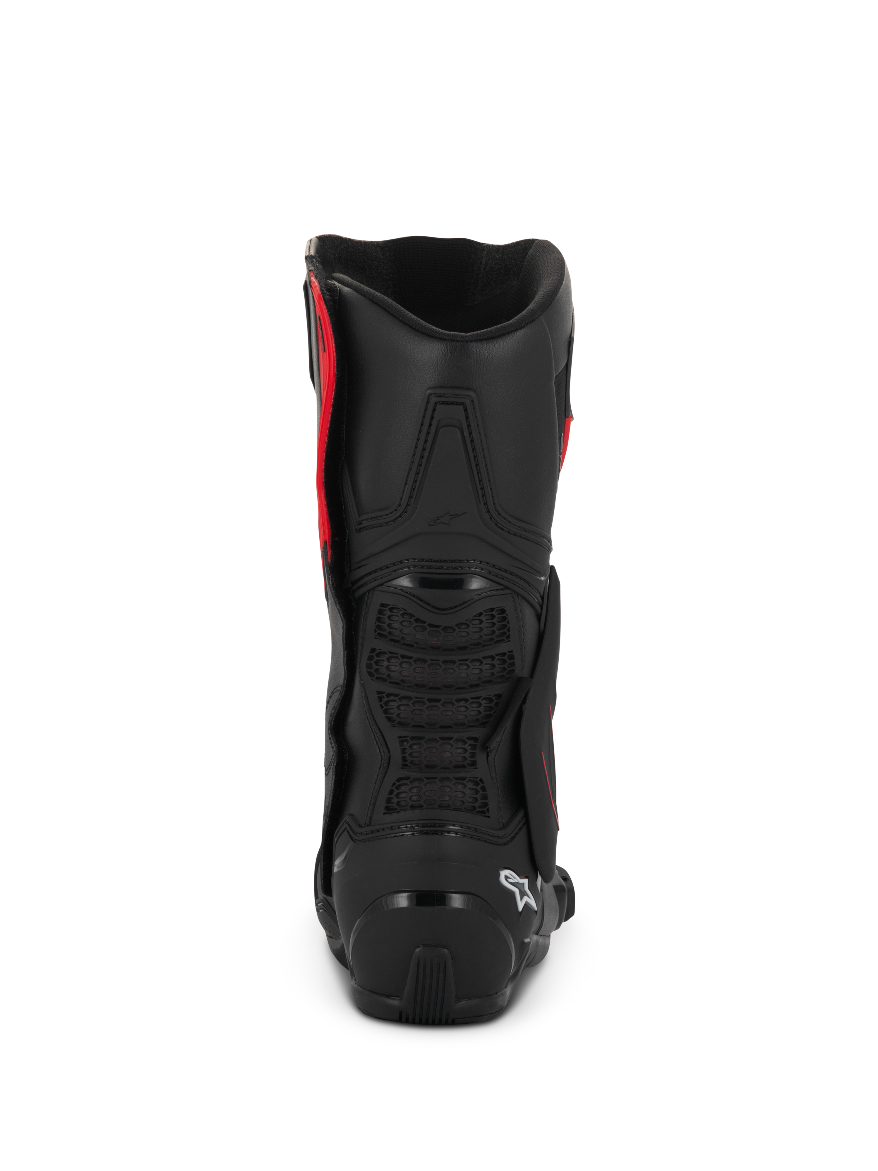 Botas Alpinestars SMX-6 V3 Drystar®, pretas e vermelhas, vista traseira mostrando a proteção de calcanhar em TPU e a proteção de panturrilha, calçado de alta performance para motociclismo com construção em microfibra impermeável.