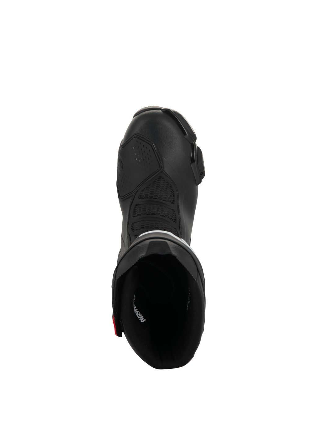 Alpinestars SMX-6 V3 Drystar Boots, botas de motociclismo de performance, pretas com pormenores vermelhos, vista superior para o interior da abertura da bota, com zonas de flexão texturizadas e construção em microfibra