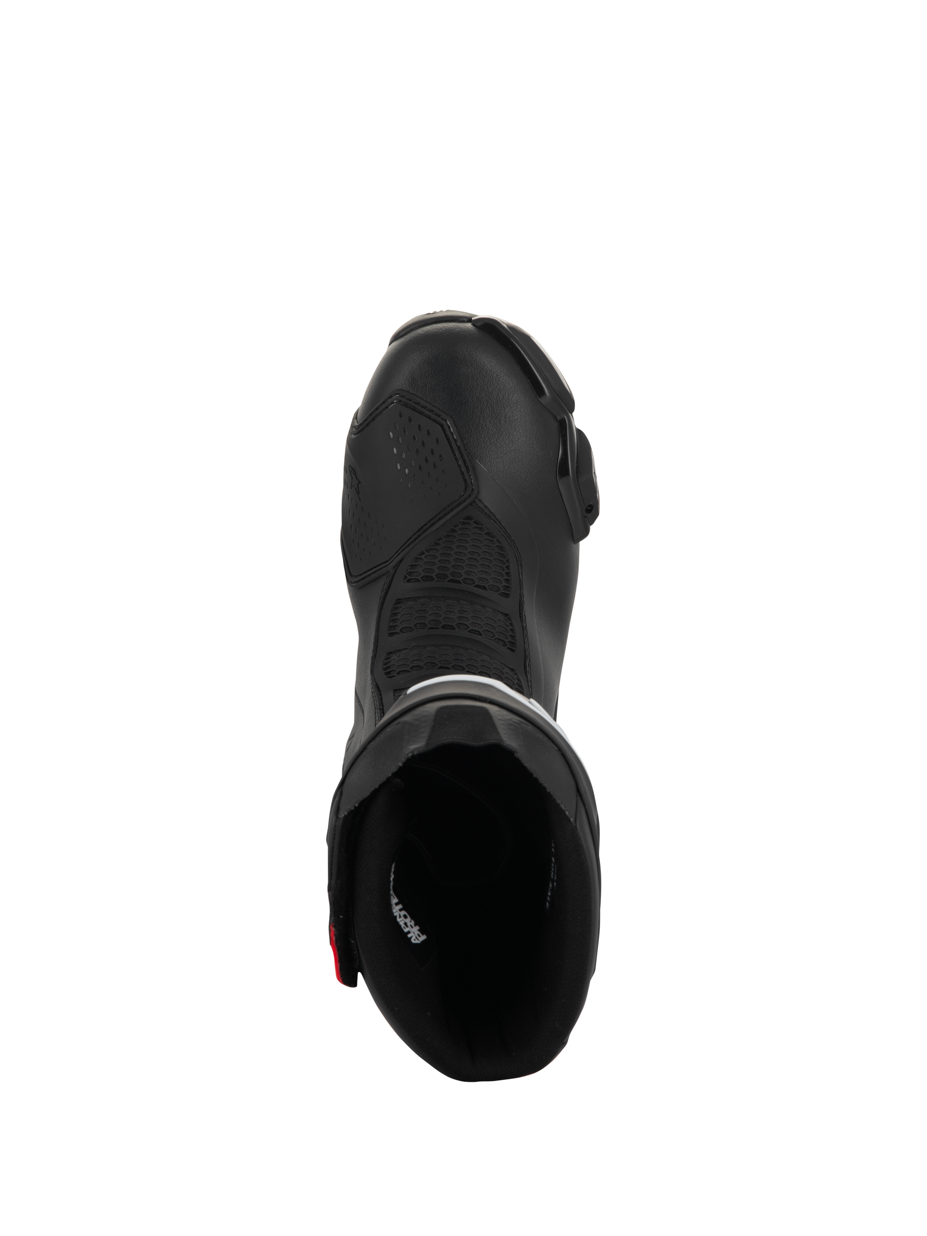 Alpinestars SMX-6 V3 Drystar Boots, botas de motociclismo de performance, pretas com pormenores vermelhos, vista superior para o interior da abertura da bota, com zonas de flexão texturizadas e construção em microfibra