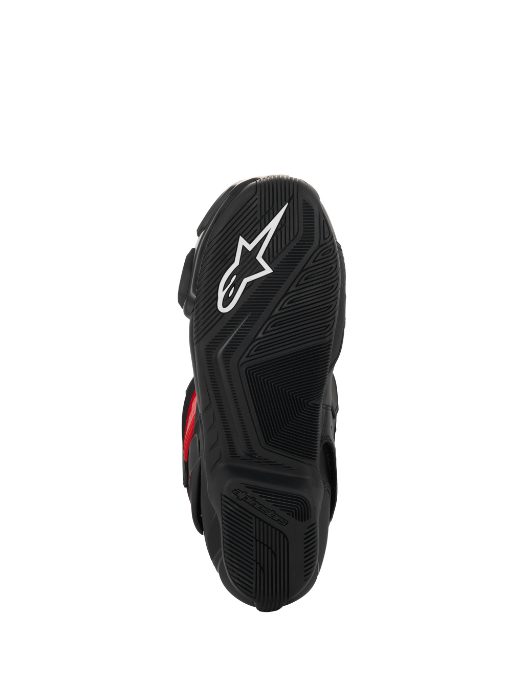 Botas Alpinestars SMX-6 V3 Drystar®, vista da sola, borracha preta texturizada para aderência, com um logótipo de estrela branco e marca Alpinestars em relevo, calçado de motociclismo de alta performance.