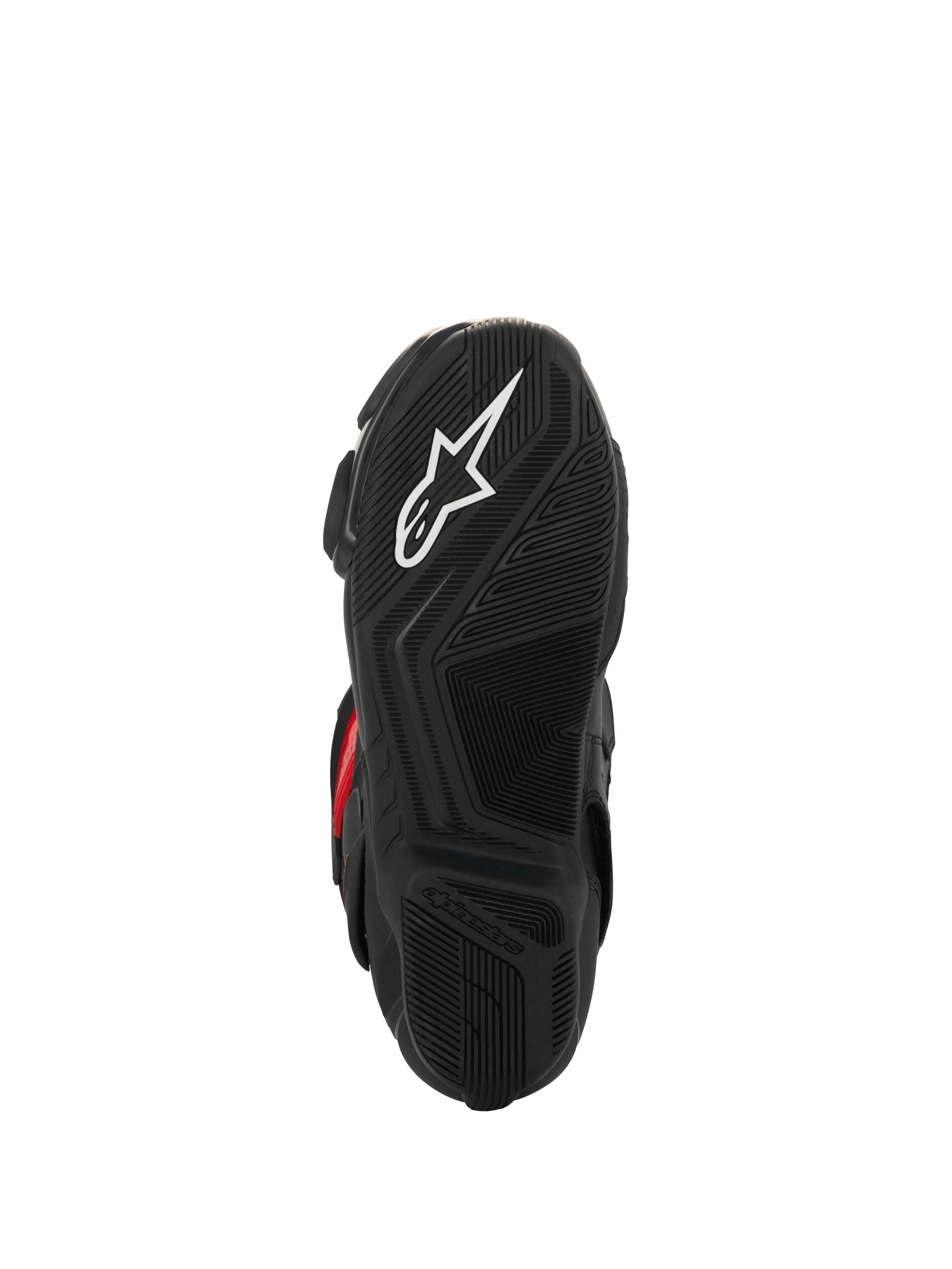 Botas Alpinestars SMX-6 V3 Drystar®, vista da sola, borracha preta texturizada para aderência, com um logótipo de estrela branco e marca Alpinestars em relevo, calçado de motociclismo de alta performance.