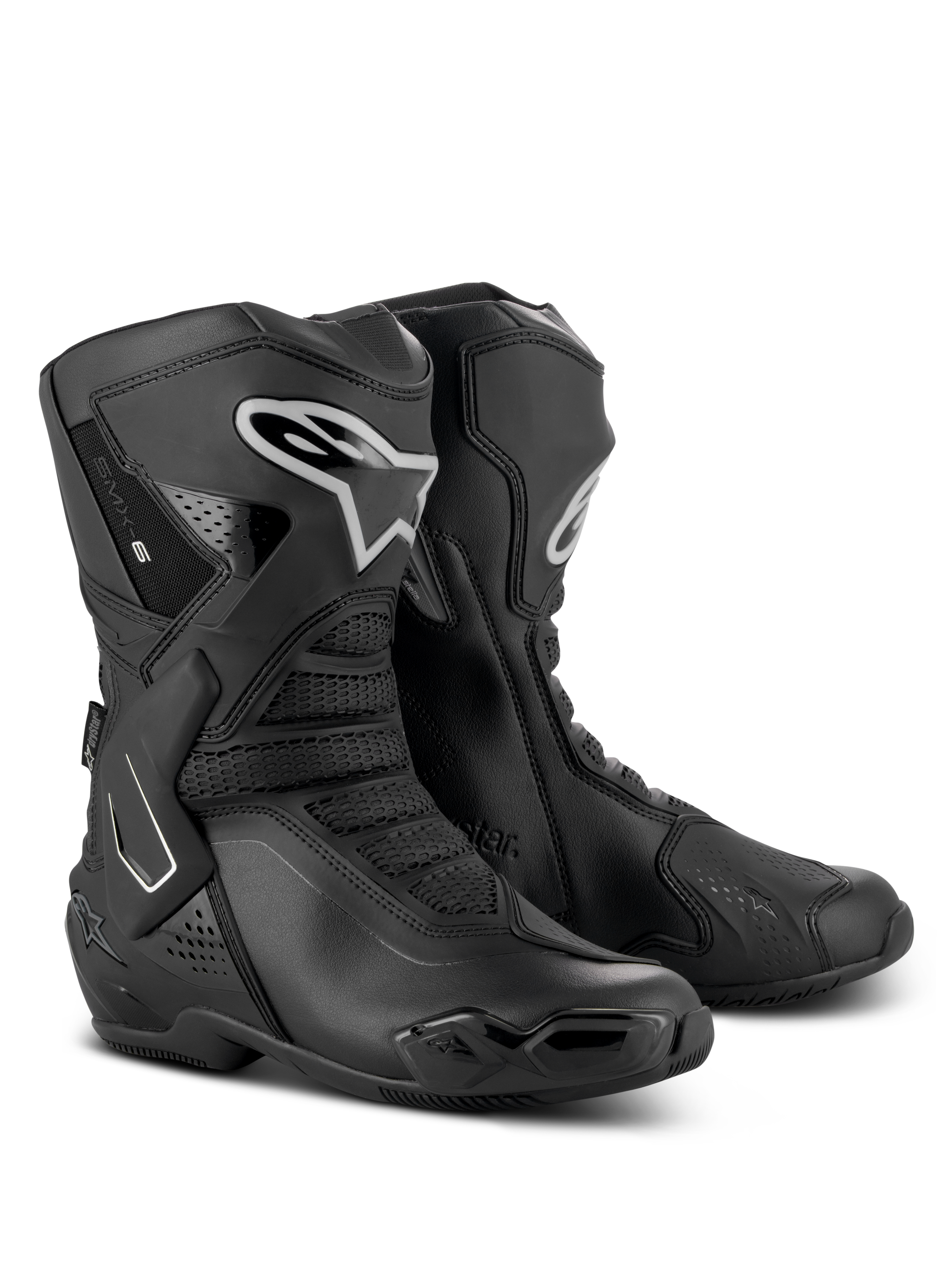 Alpinestars Stella SMX-6 V3 Drystar Boots, botas de alto desempenho para mulher, pretas e prateadas, parte superior em microfibra impermeável com proteção em TPU, design derivado da competição para pista e rua