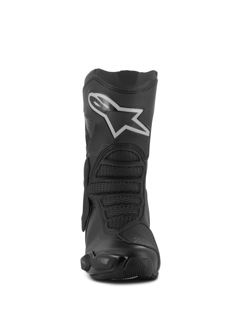 Botas Alpinestars Stella SMX-6 V3 Drystar®, botas de motociclismo para mulher, pretas e prateadas, vista frontal com um logótipo Astar branco proeminente na placa da canela, construção em microfibra avançada com zonas de proteção texturizadas