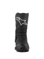 Botas Alpinestars Stella SMX-6 V3 Drystar®, botas de motociclismo para mulher, pretas e prateadas, vista frontal com um logótipo Astar branco proeminente na placa da canela, construção em microfibra avançada com zonas de proteção texturizadas