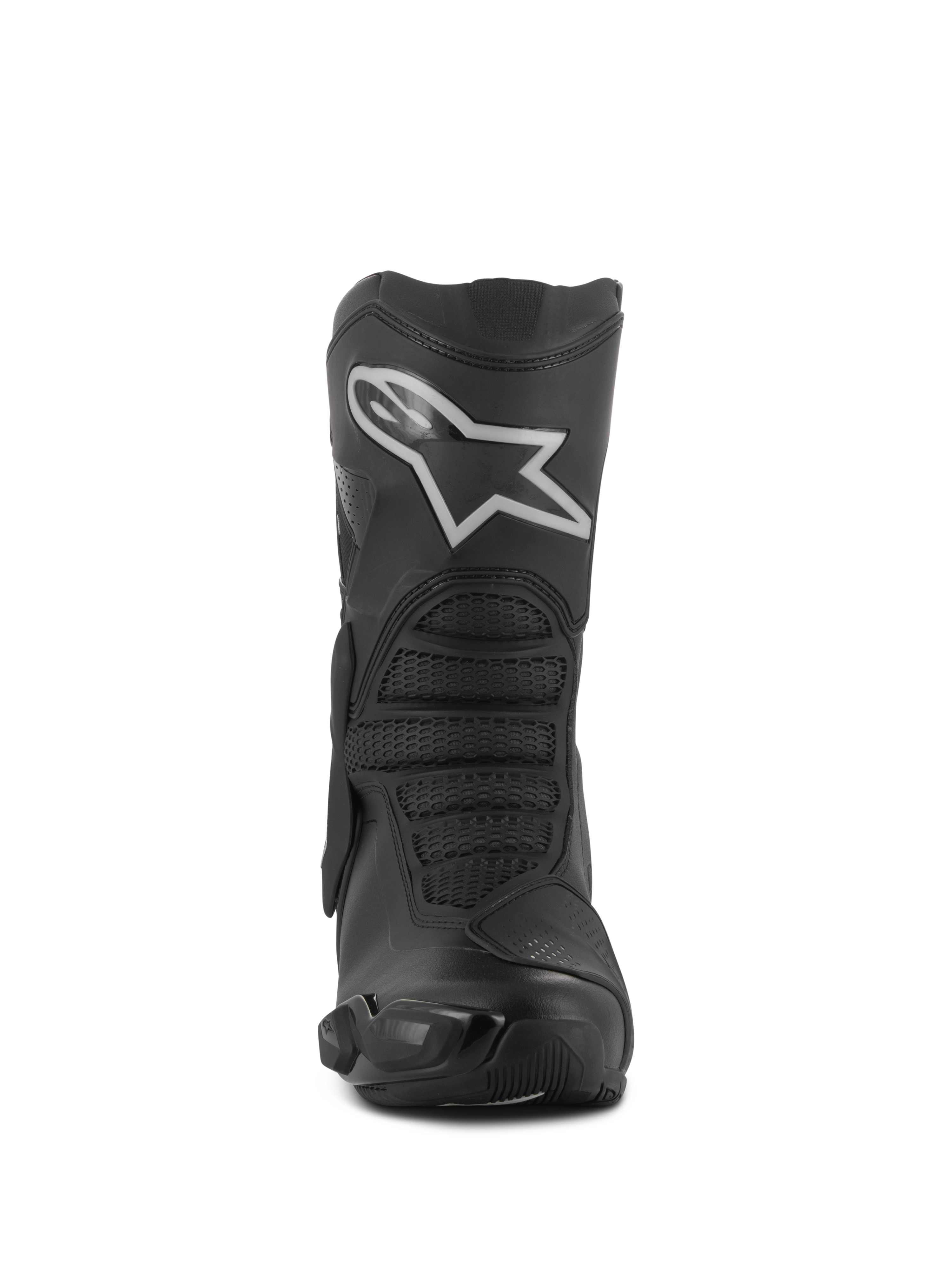 Botas Alpinestars Stella SMX-6 V3 Drystar®, botas de motociclismo para mulher, pretas e prateadas, vista frontal com um logótipo Astar branco proeminente na placa da canela, construção em microfibra avançada com zonas de proteção texturizadas