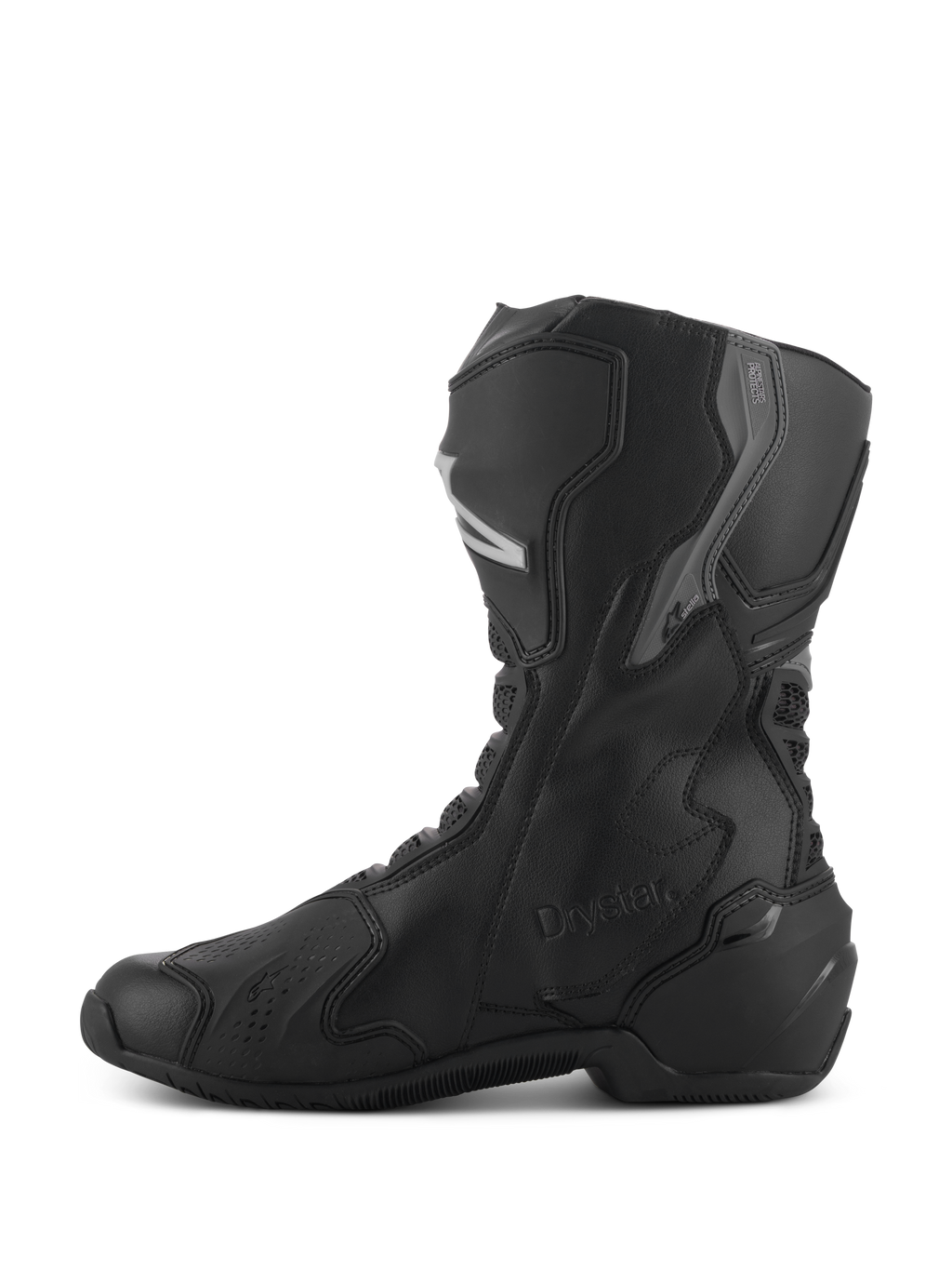 Botas Alpinestars Stella SMX-6 V3 Drystar®, botas de motociclismo impermeáveis para mulher, pretas e prateadas, vista de perfil lateral com proteção de canela e tornozelo em TPU, logótipo Drystar em relevo, construção em microfibra durável para condução desportiva e em estrada