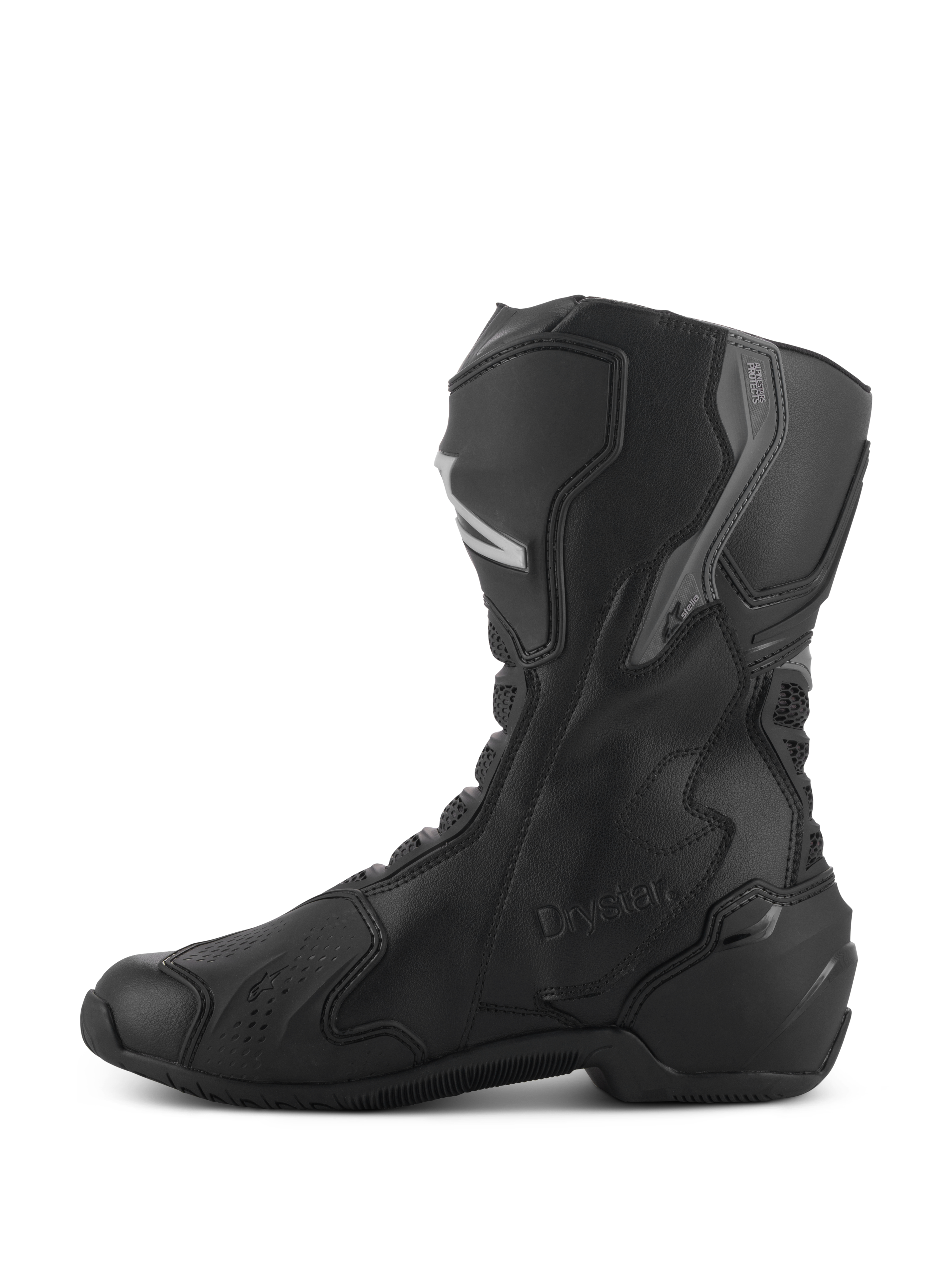 Botas Alpinestars Stella SMX-6 V3 Drystar®, botas de motociclismo impermeáveis para mulher, pretas e prateadas, vista de perfil lateral com proteção de canela e tornozelo em TPU, logótipo Drystar em relevo, construção em microfibra durável para condução desportiva e em estrada