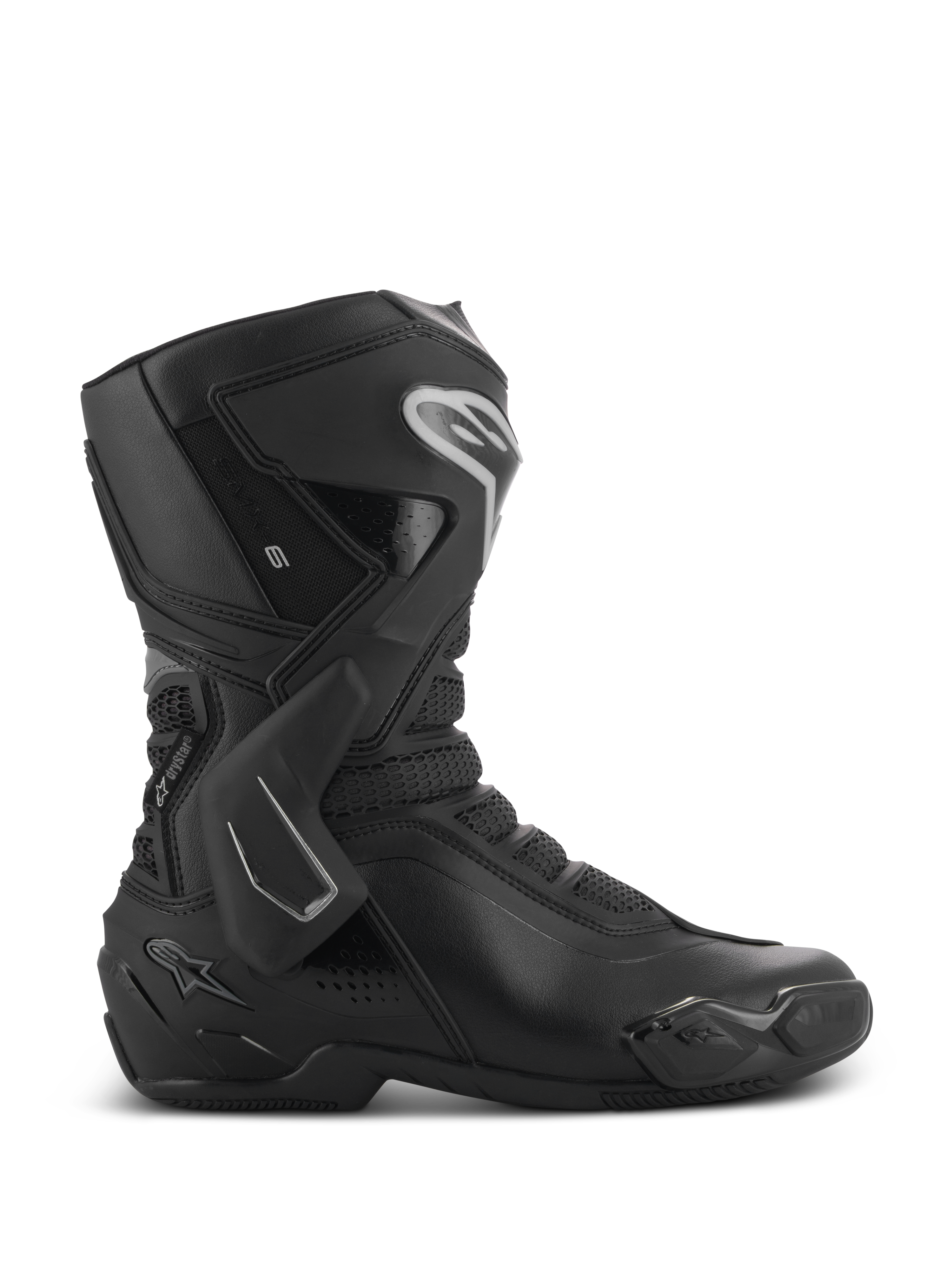 Alpinestars Stella SMX-6 V3 Drystar Boots, Women's Motorcycle Boots, Black with Silver accents, waterproof Drystar membrane, featuring TPU shin plate, ankle protection, and toe slider, performance riding gear