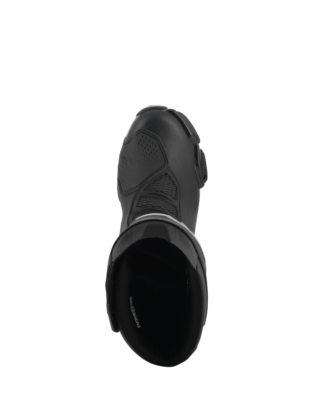 Botas Alpinestars Stella SMX-6 V3 Drystar®, botas de condução de alta performance para mulher, pretas, vista de cima mostrando a abertura interior acolchoada e a parte superior em microfibra texturizada com protetor de mudanças