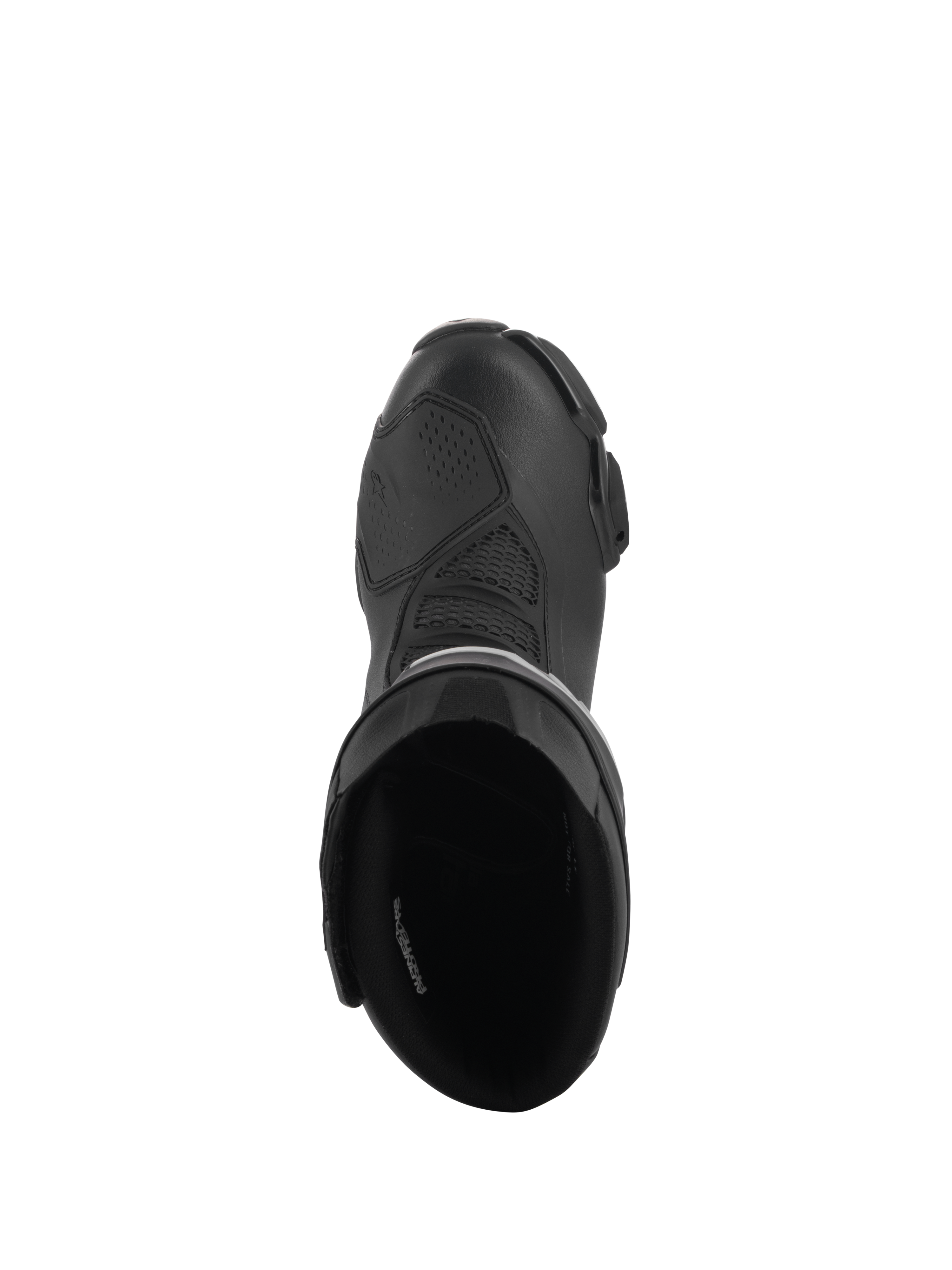 Botas Alpinestars Stella SMX-6 V3 Drystar®, botas de condução de alta performance para mulher, pretas, vista de cima mostrando a abertura interior acolchoada e a parte superior em microfibra texturizada com protetor de mudanças