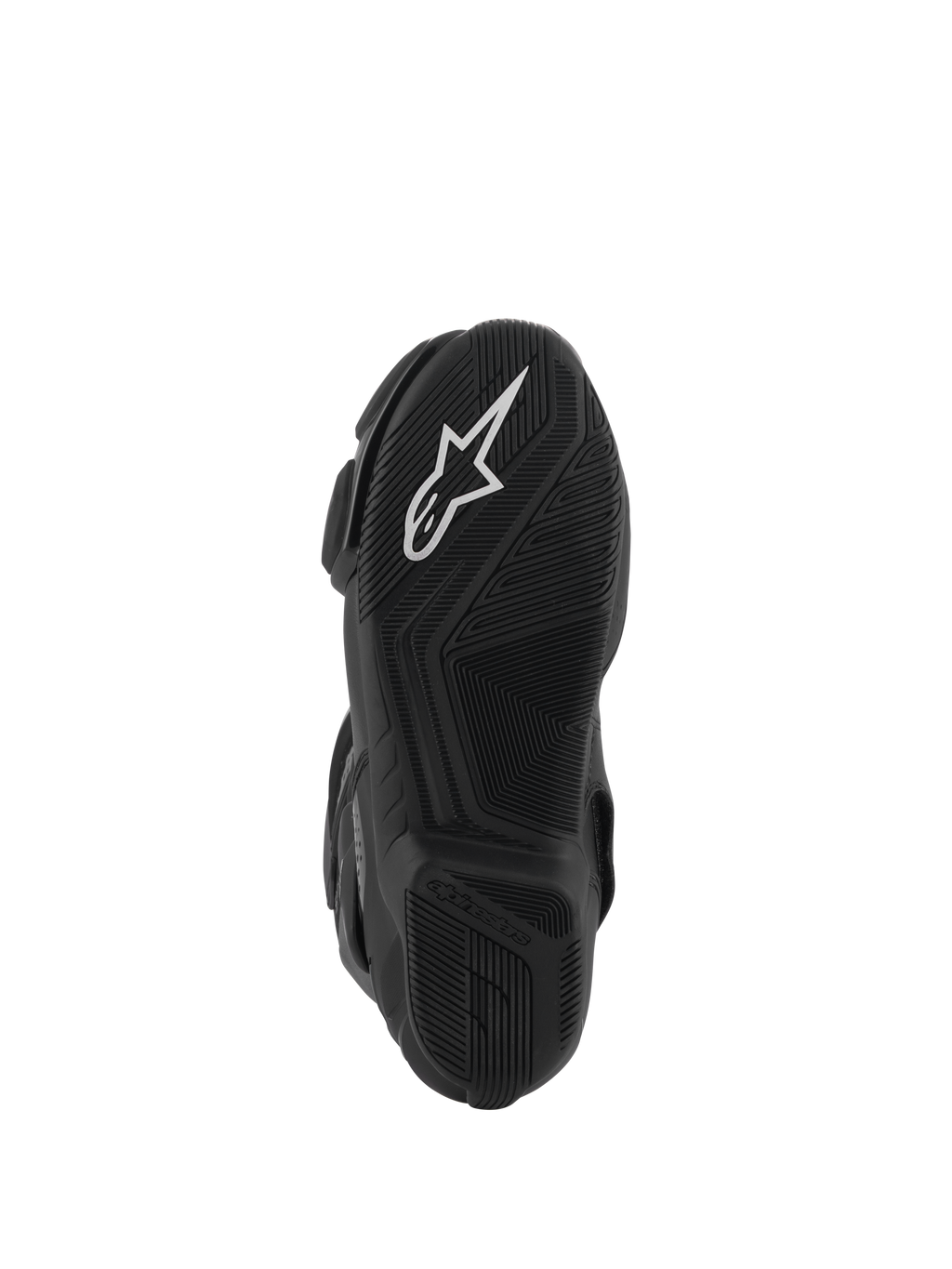 Botas Alpinestars Stella SMX-6 V3 Drystar®, vista inferior da sola de borracha preta, com logótipo da estrela Alpinestars em branco, padrões de aderência texturizados para tração e design aerodinâmico para controlo da moto.