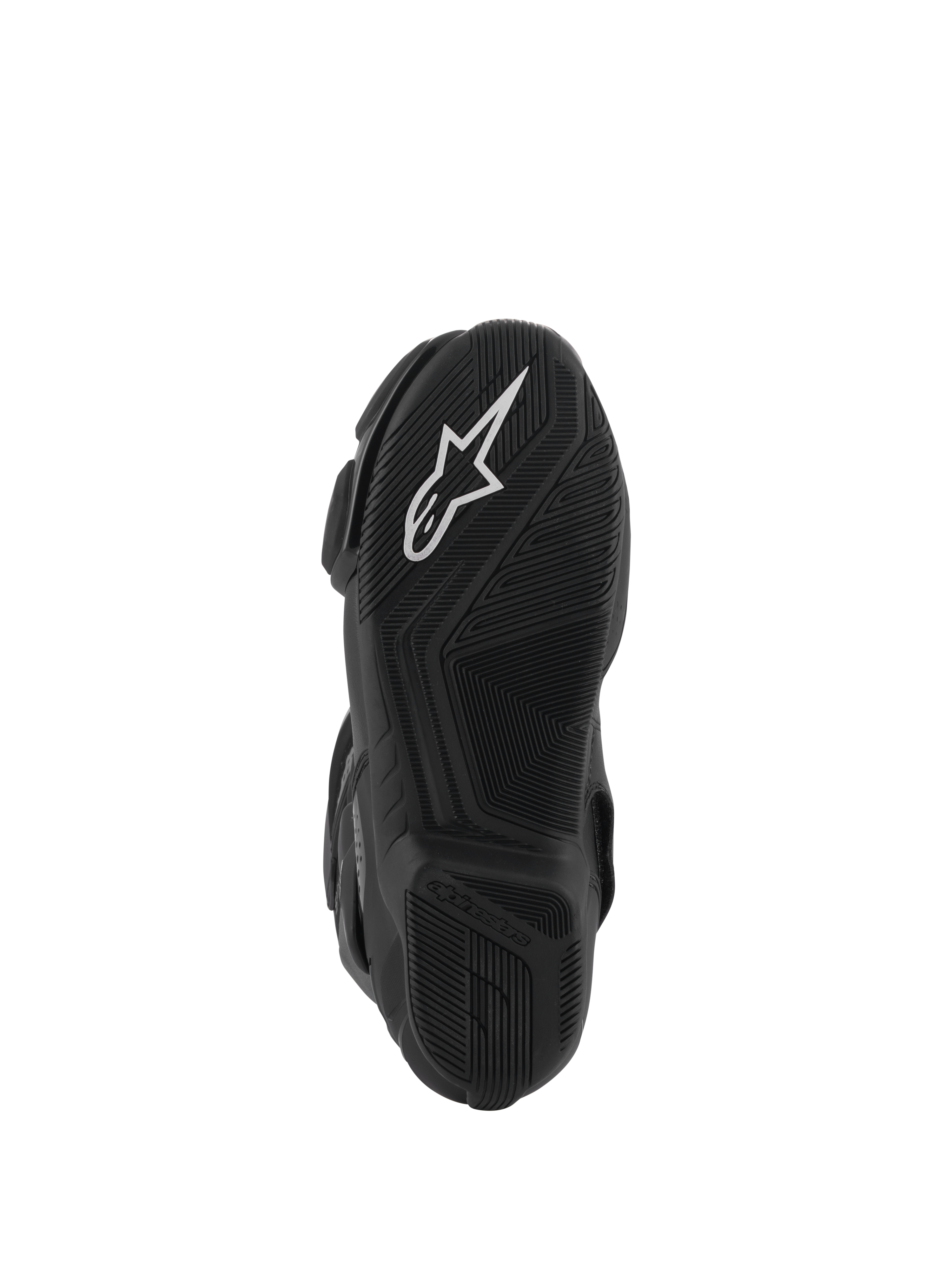 Botas Alpinestars Stella SMX-6 V3 Drystar®, vista inferior da sola de borracha preta, com logótipo da estrela Alpinestars em branco, padrões de aderência texturizados para tração e design aerodinâmico para controlo da moto.